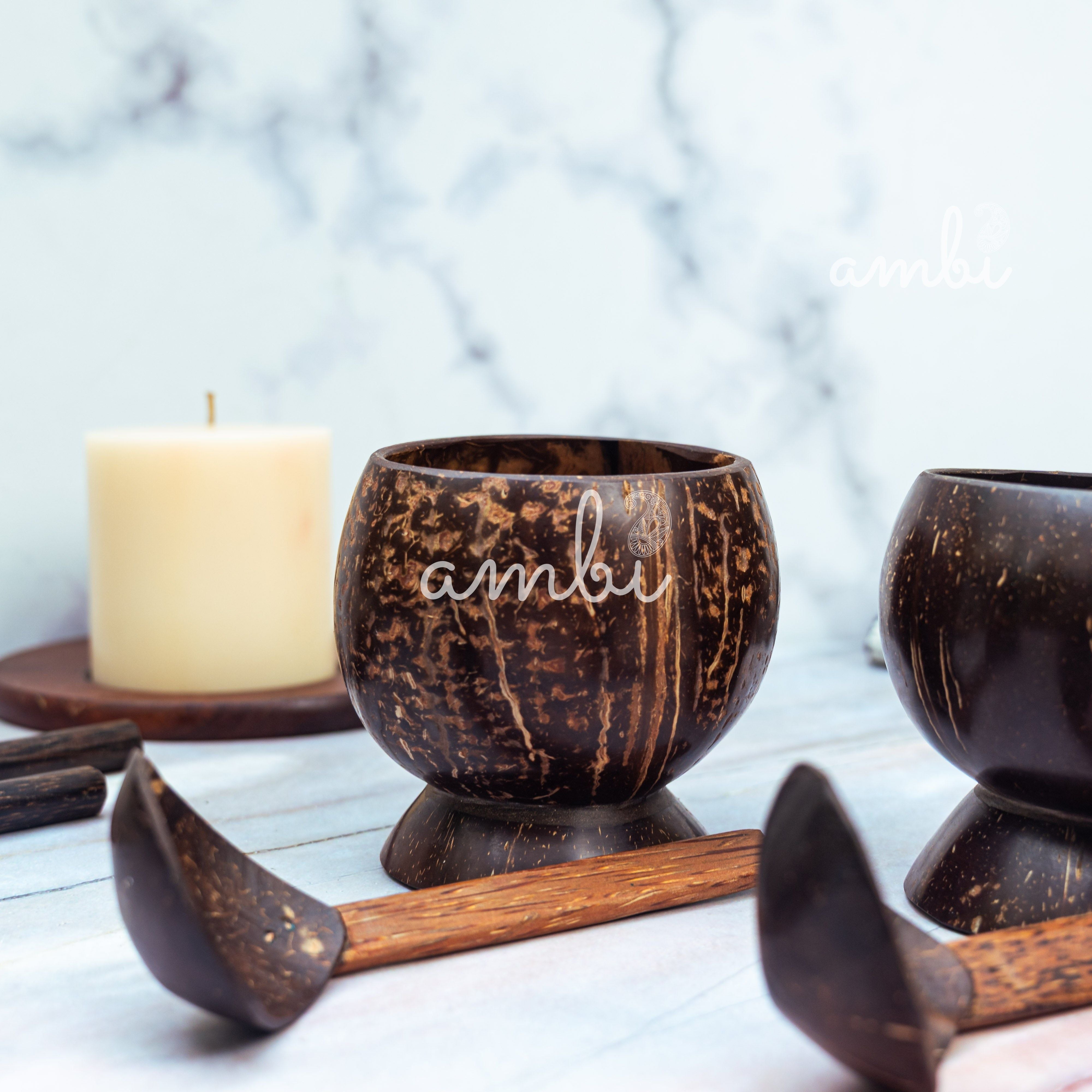 Coconut Shell Soup Bowls with Spoons — Set of 2, Handcrafted Eco-Friendly