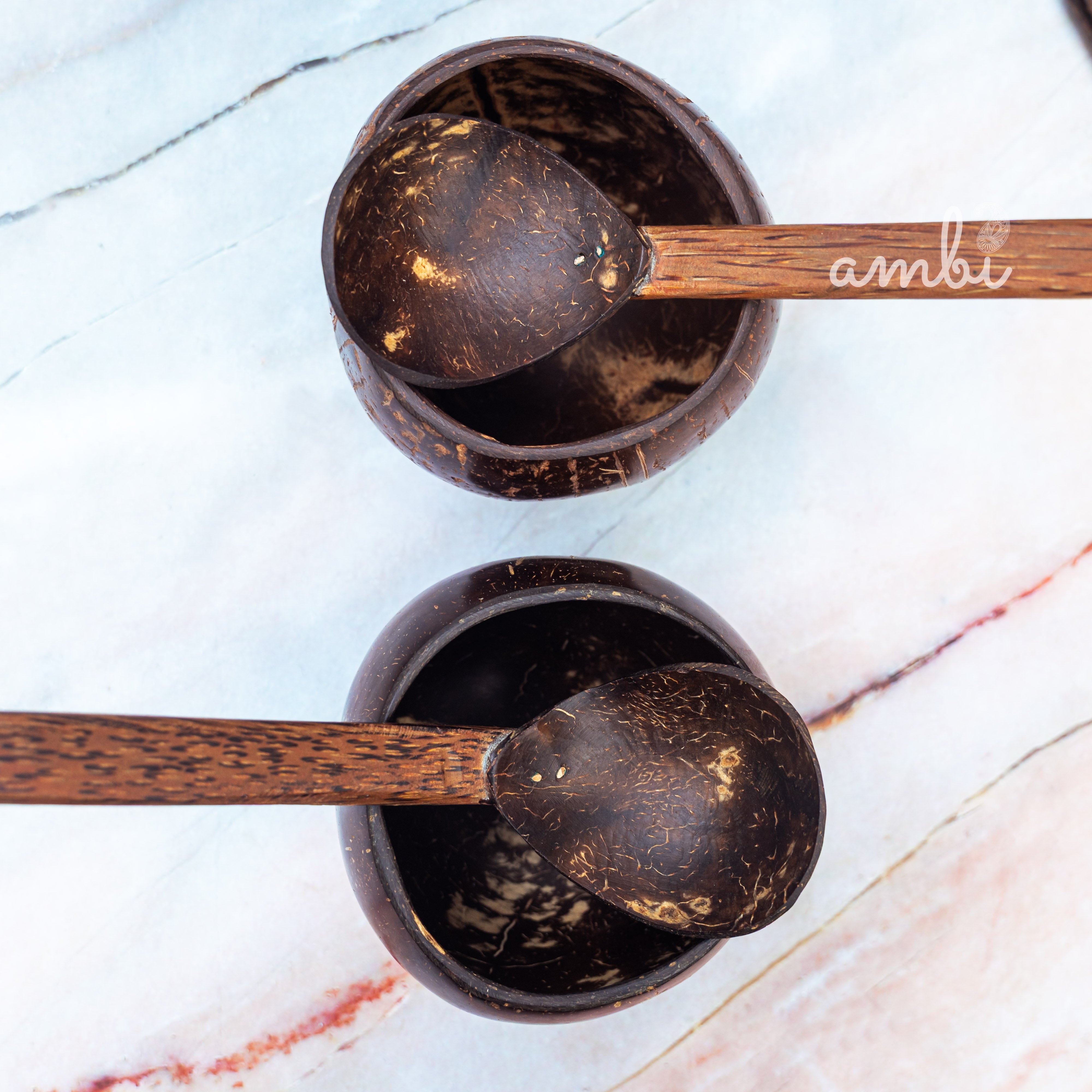 Coconut Shell Soup Bowls with Spoons — Set of 2, Handcrafted Eco-Friendly