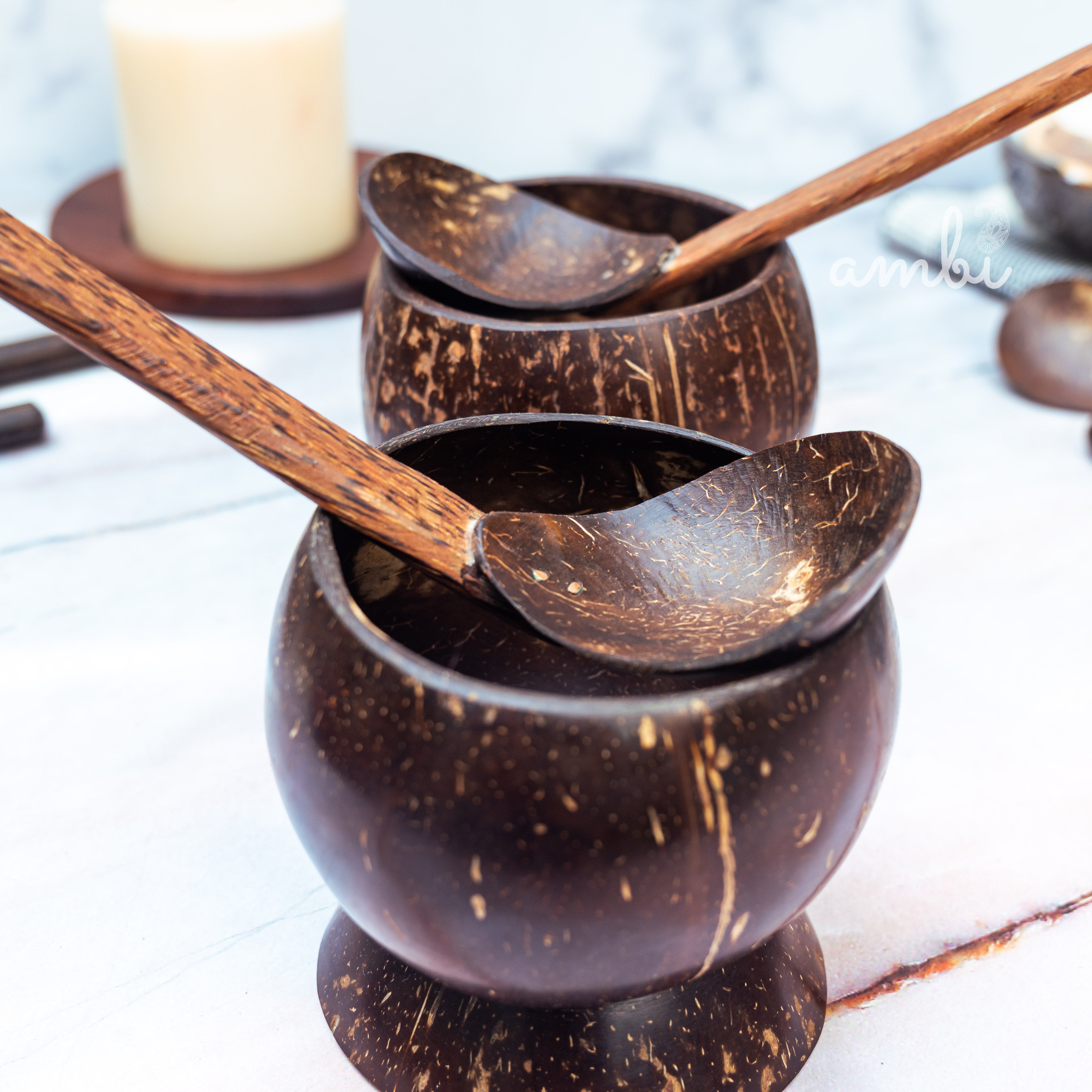 Coconut Shell Soup Bowls with Spoons — Set of 2, Handcrafted Eco-Friendly
