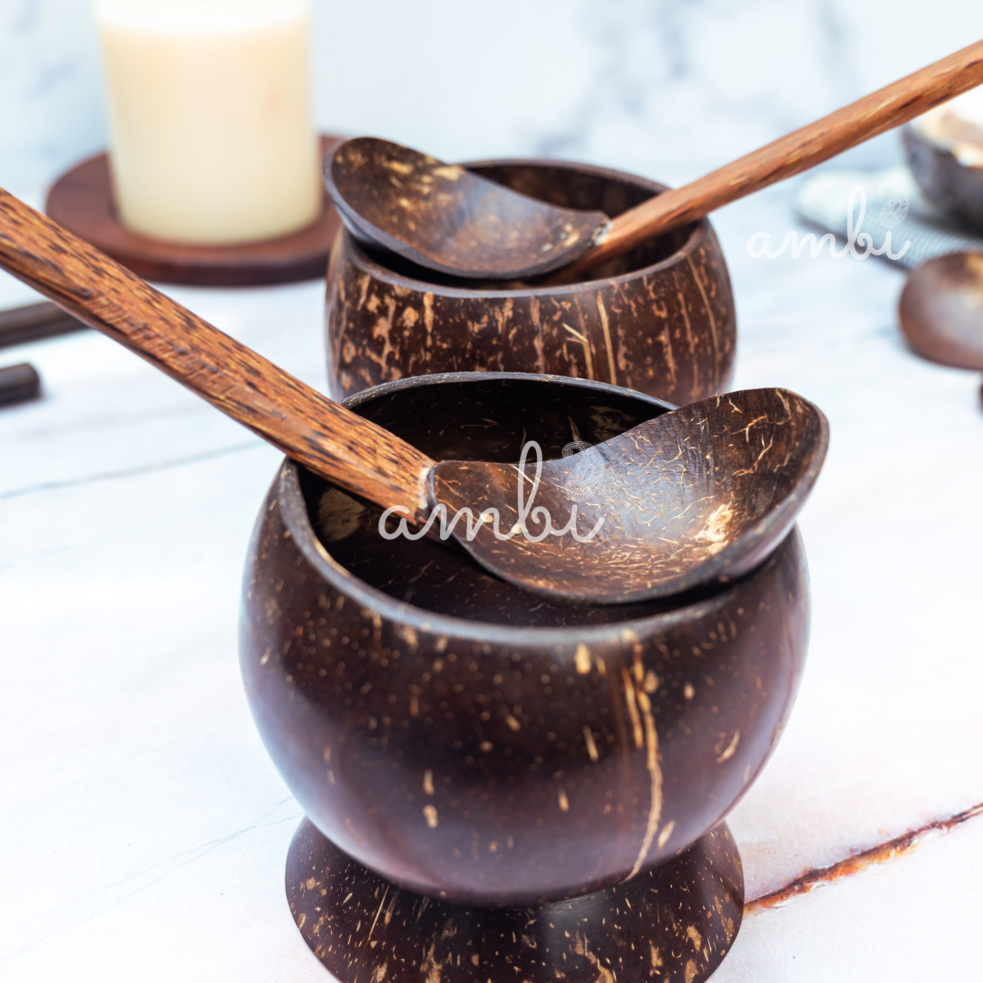 Coconut Shell Soup Bowls with Spoons — Set of 2, Handcrafted Eco-Friendly