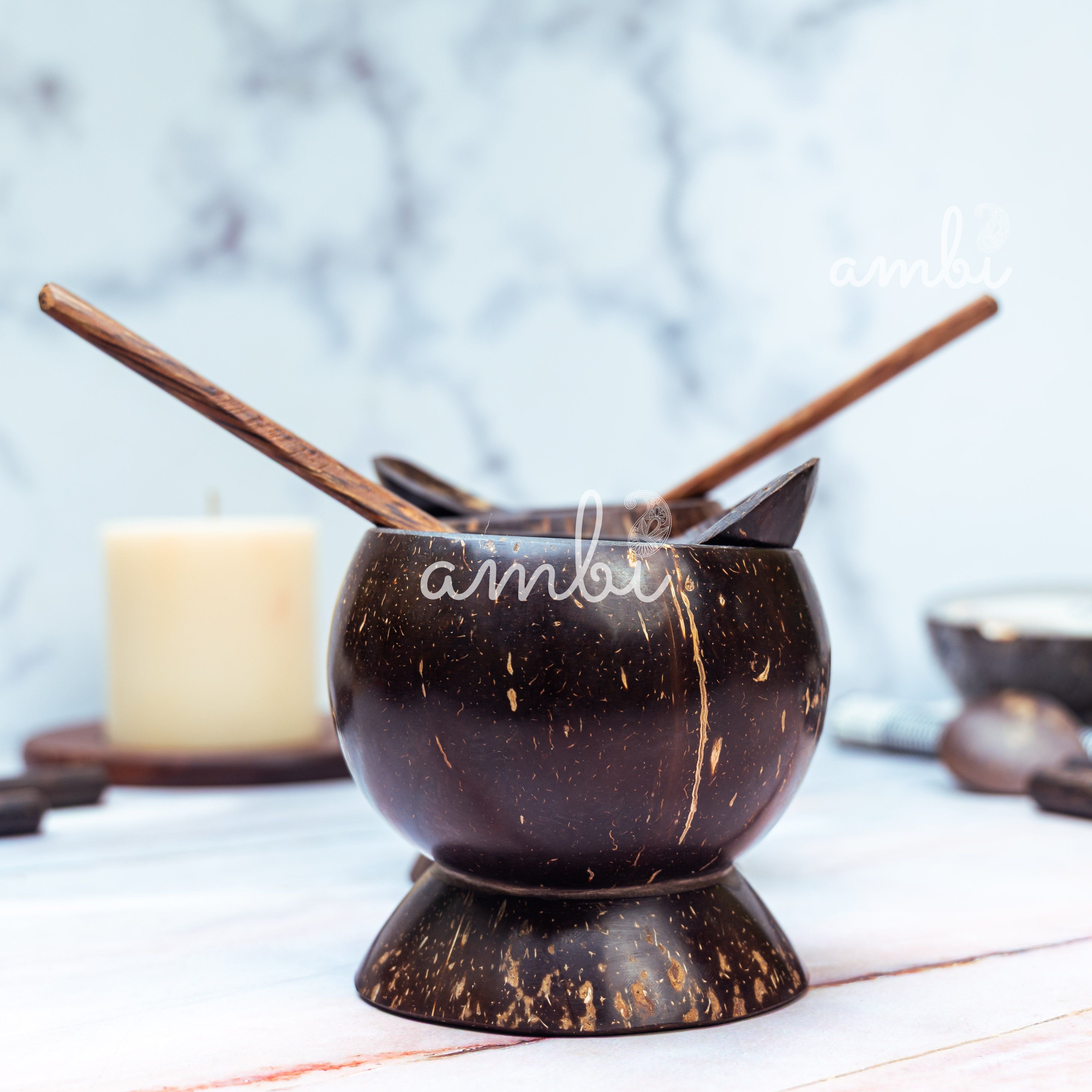 Coconut Shell Soup Bowls with Spoons — Set of 2, Handcrafted Eco-Friendly