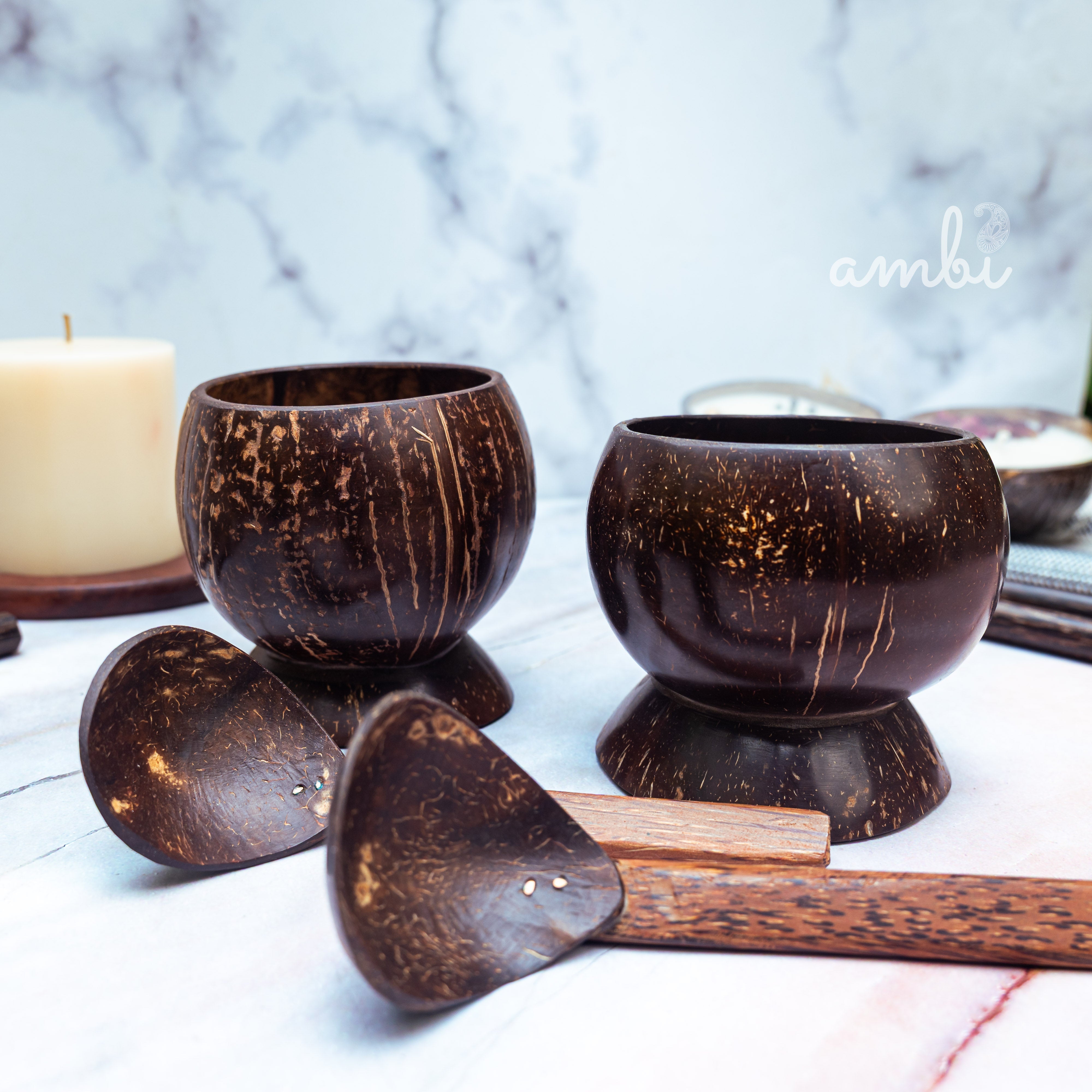 Coconut Shell Soup Bowls with Spoons — Set of 2, Handcrafted Eco-Friendly