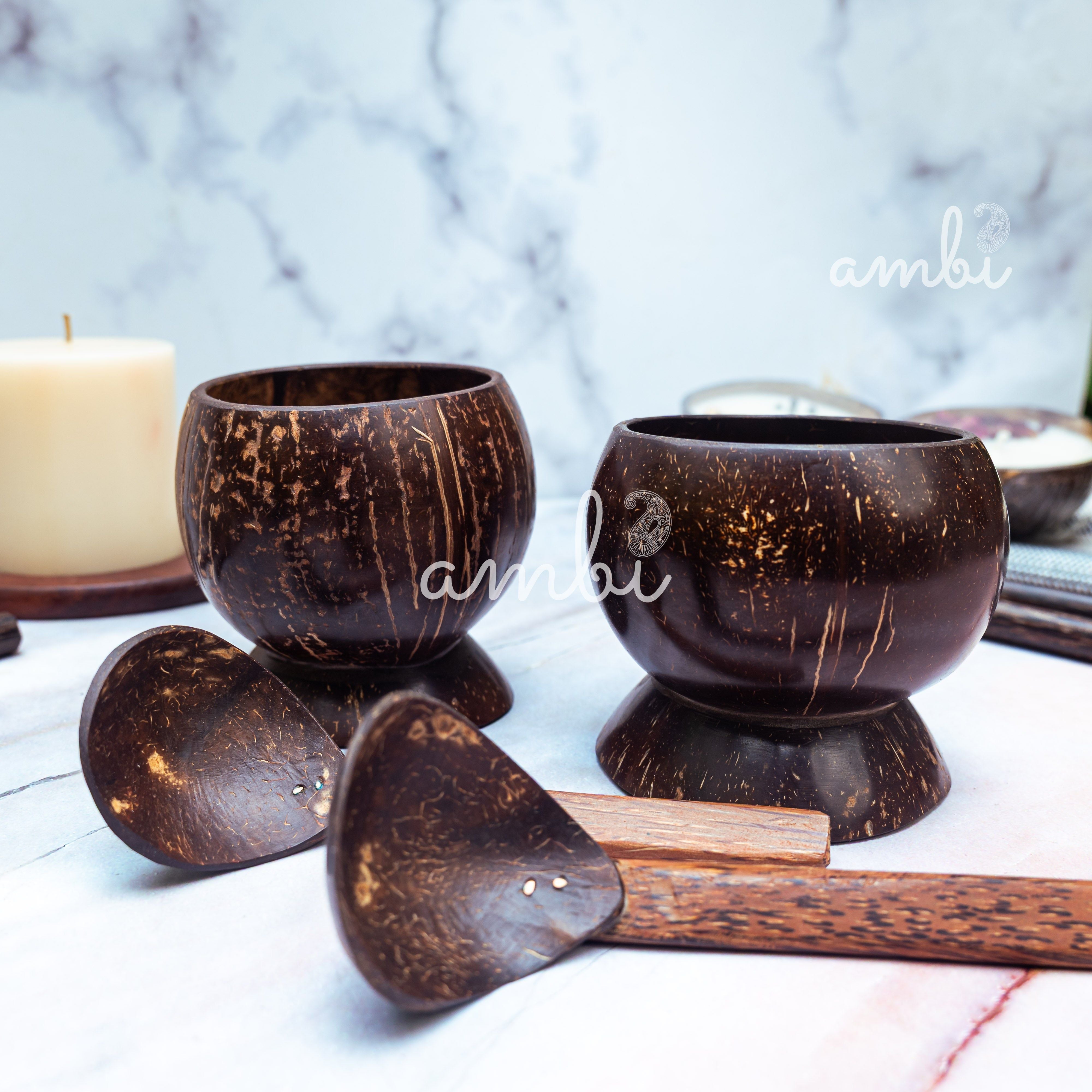 Coconut Shell Soup Bowls with Spoons — Set of 2, Handcrafted Eco-Friendly
