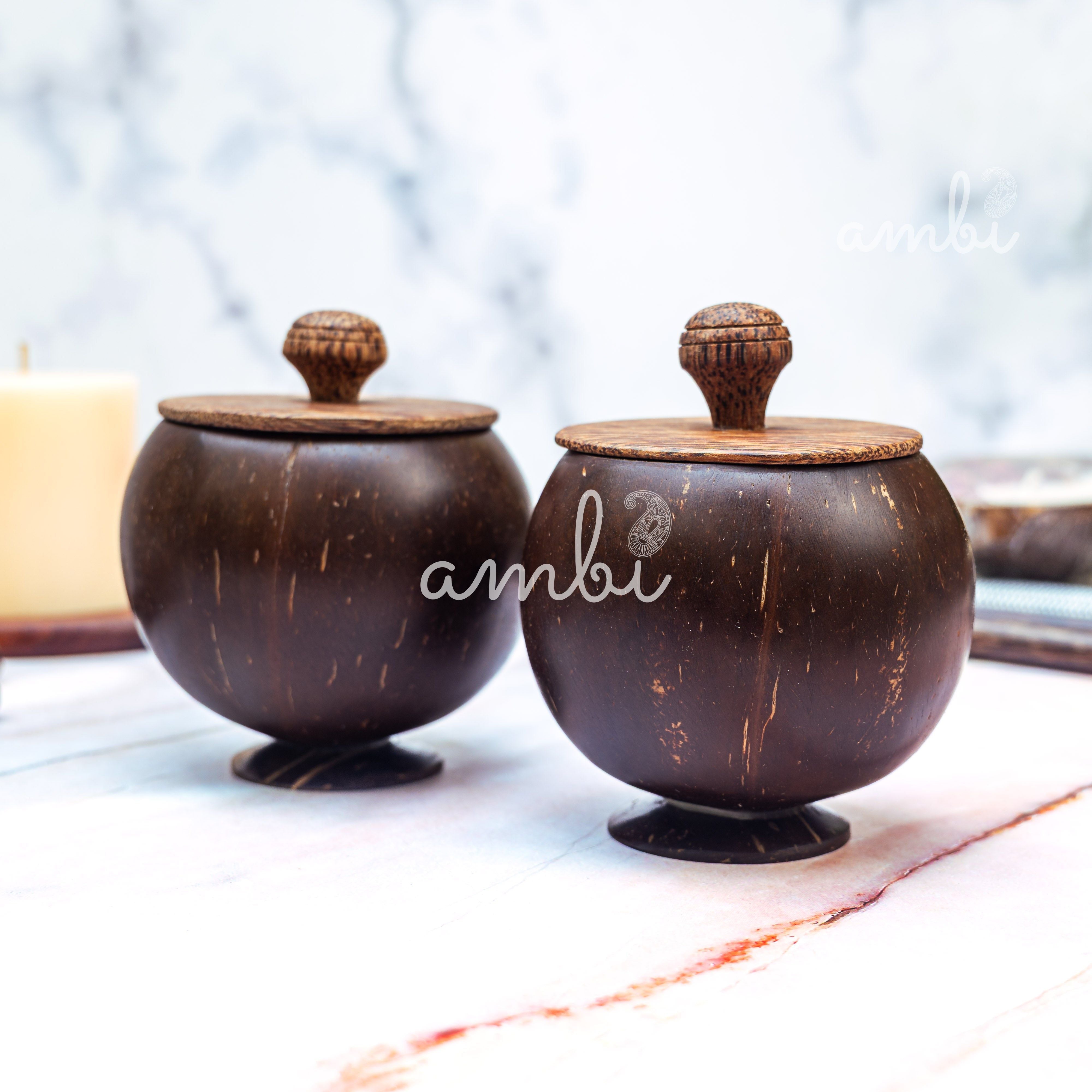 Coconut Shell Storage Container with Wooden Lid - Set of 2