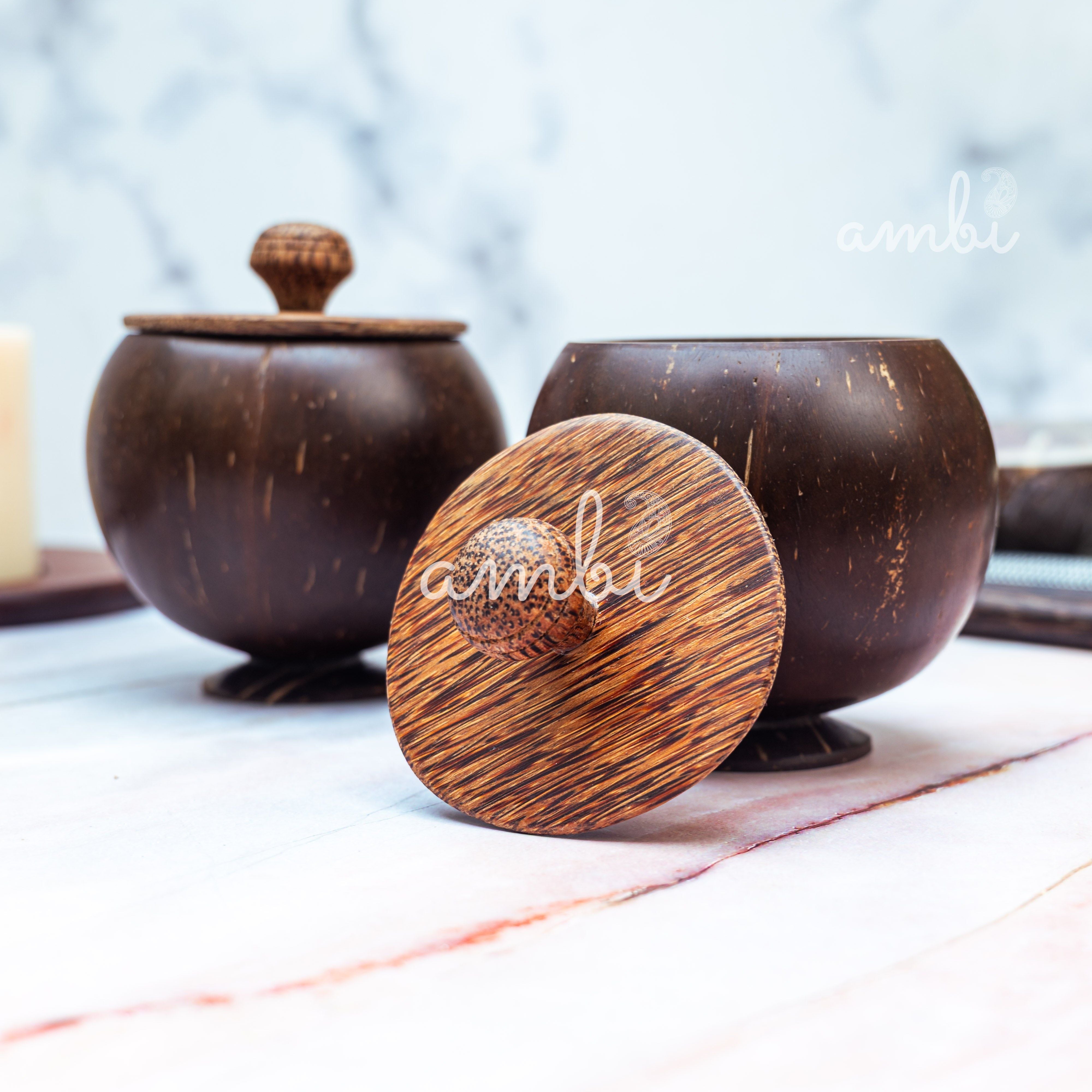 Coconut Shell Storage Container with Wooden Lid - Set of 2