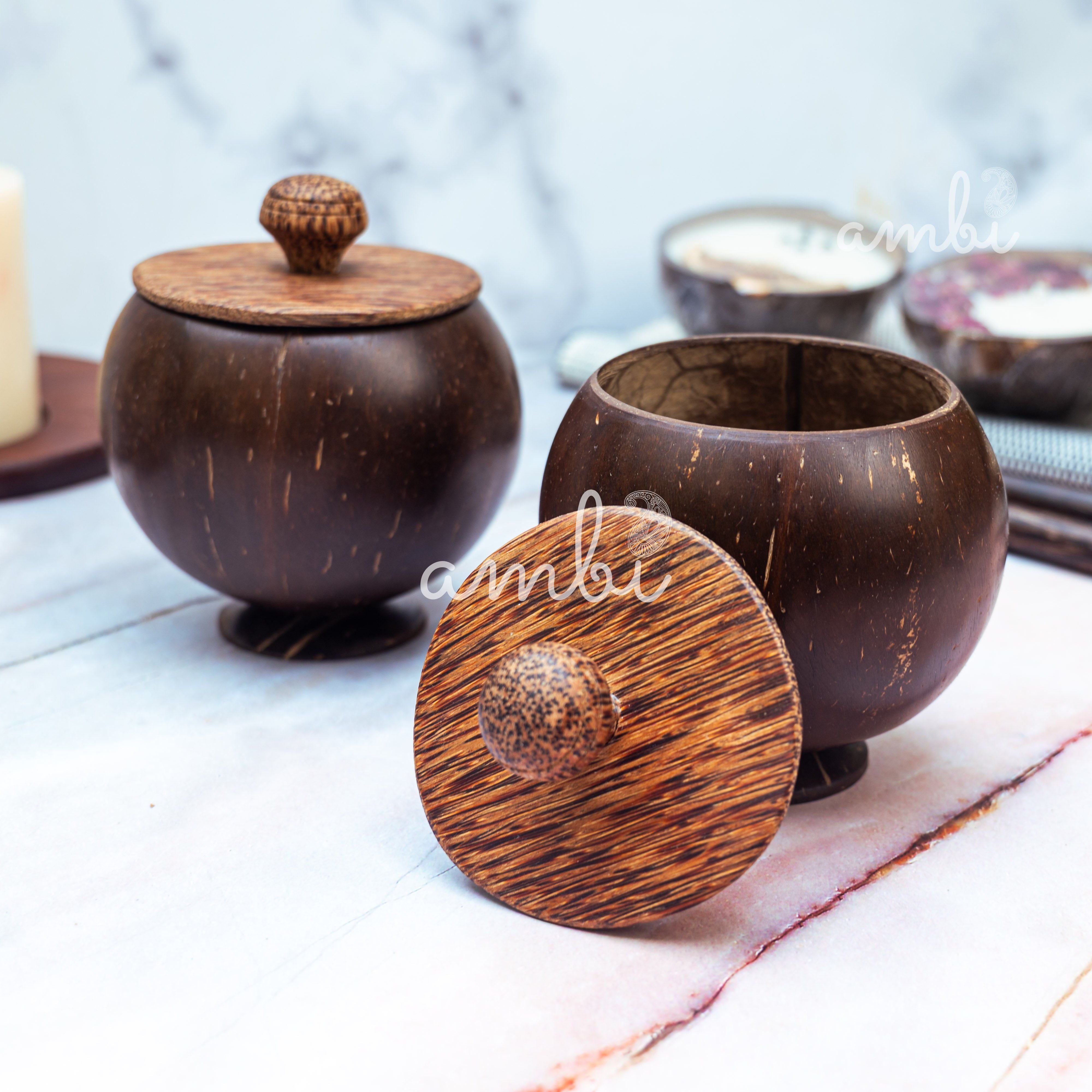 Coconut Shell Storage Container with Wooden Lid - Set of 2