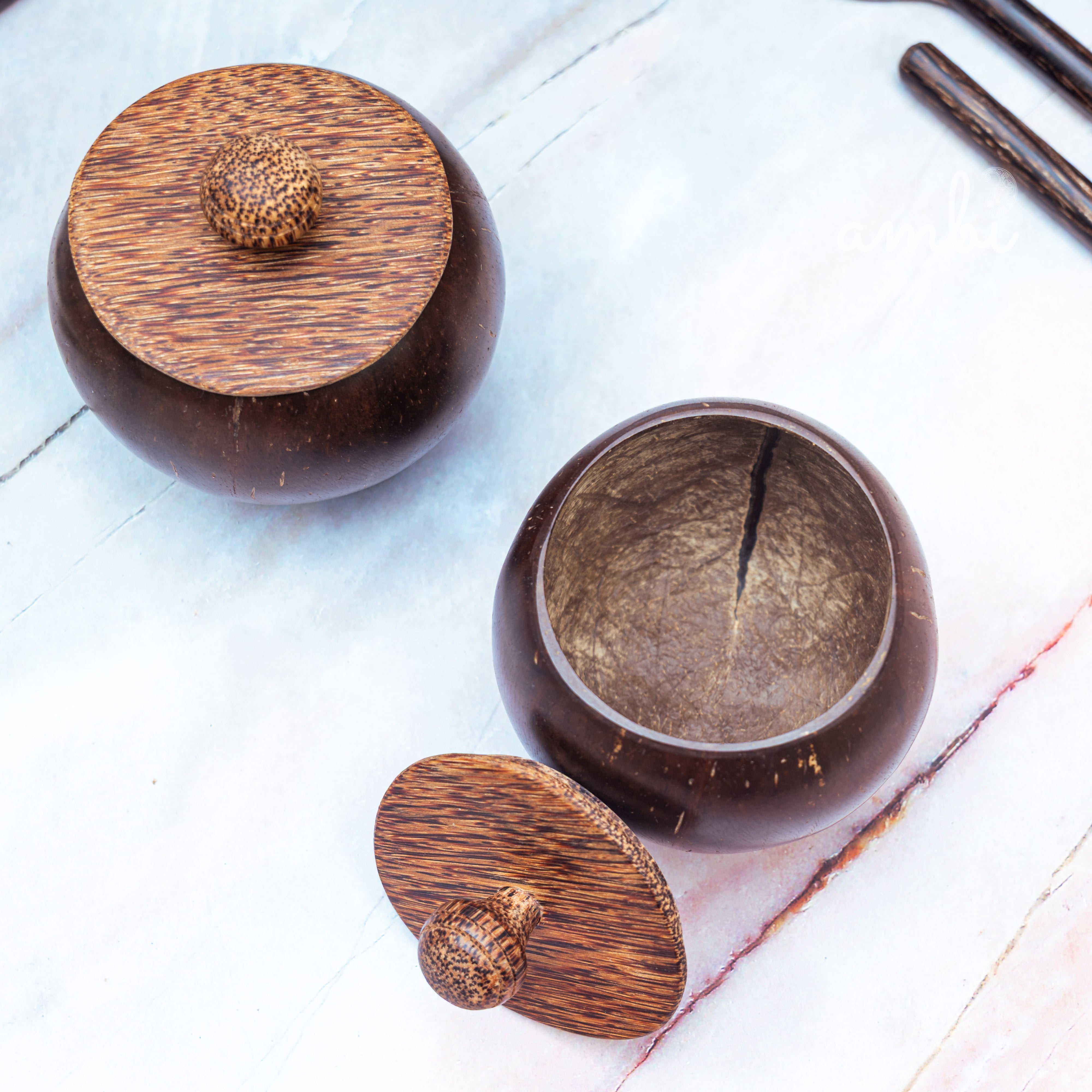 Coconut Shell Storage Container with Wooden Lid — Set of 2, Handcrafted