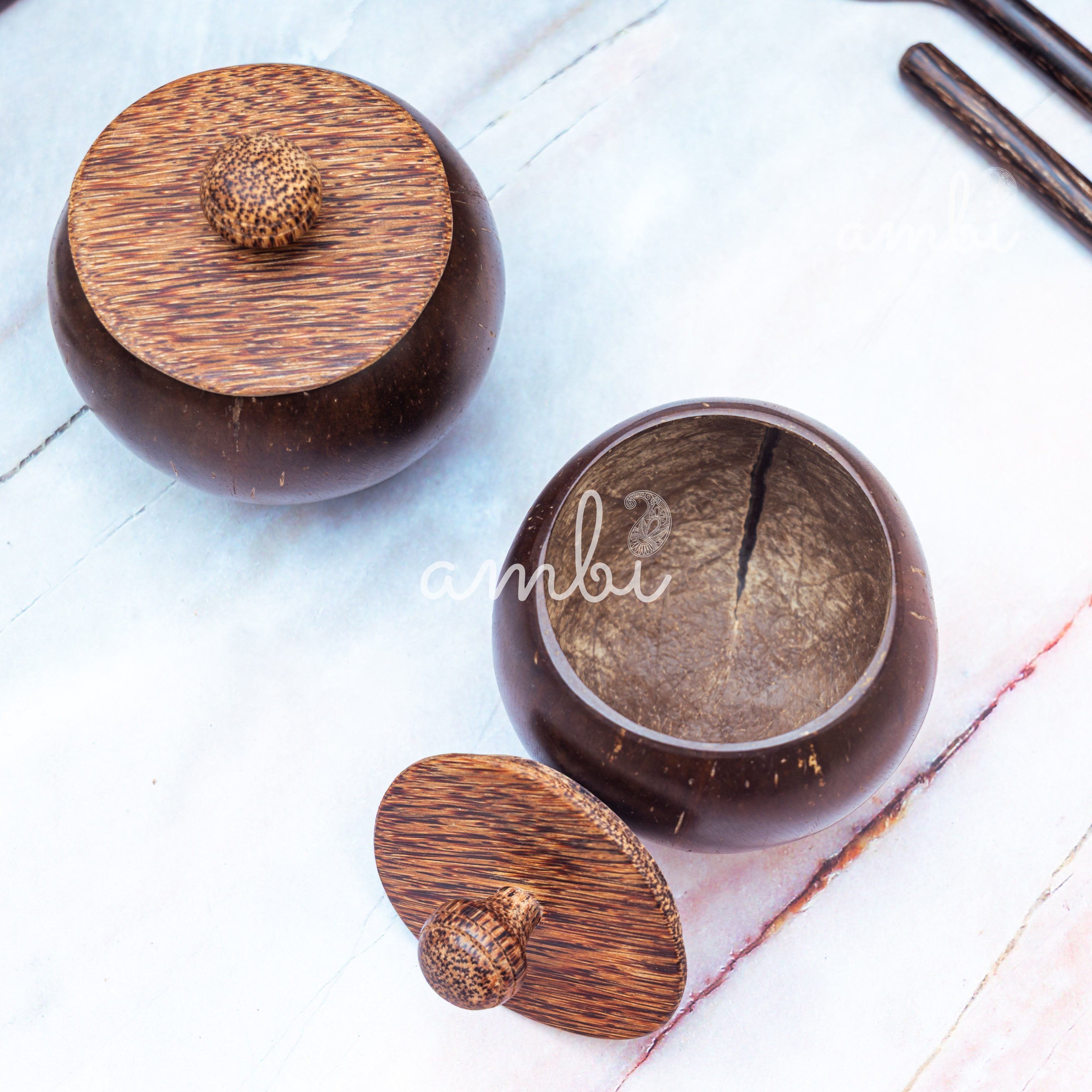 Coconut Shell Storage Container with Wooden Lid - Set of 2