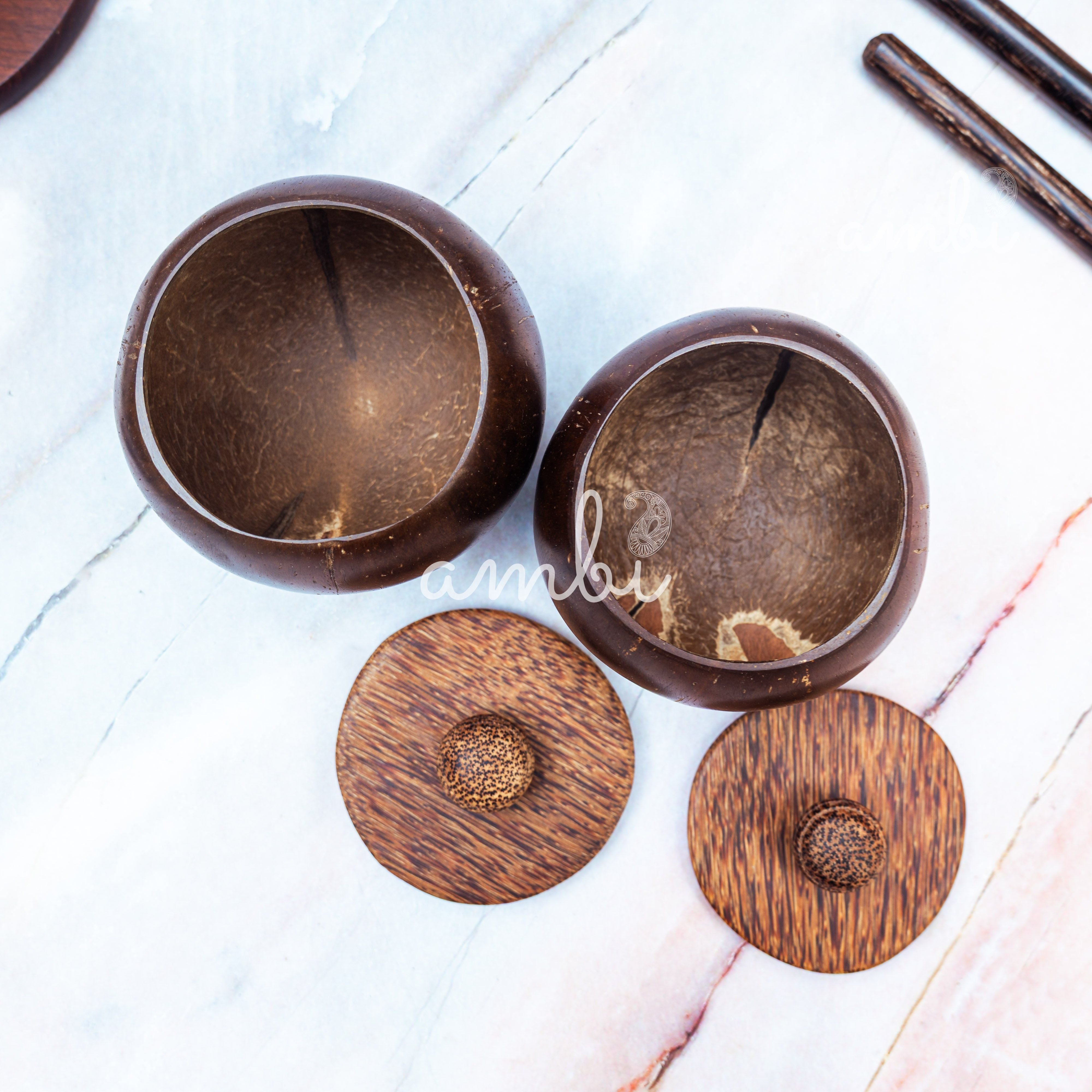 Coconut Shell Storage Container with Wooden Lid - Set of 2