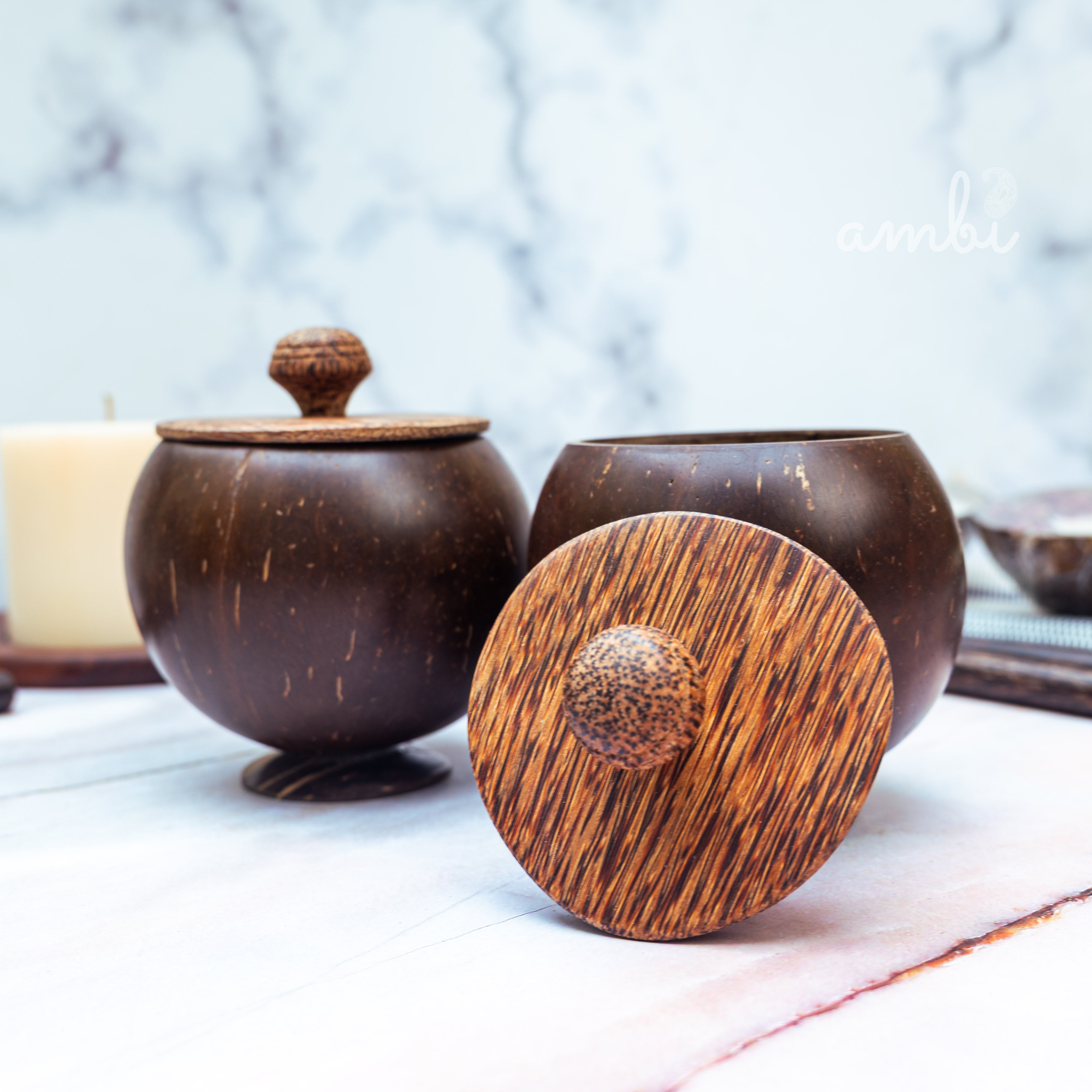 Coconut Shell Storage Container with Wooden Lid — Set of 2, Handcrafted