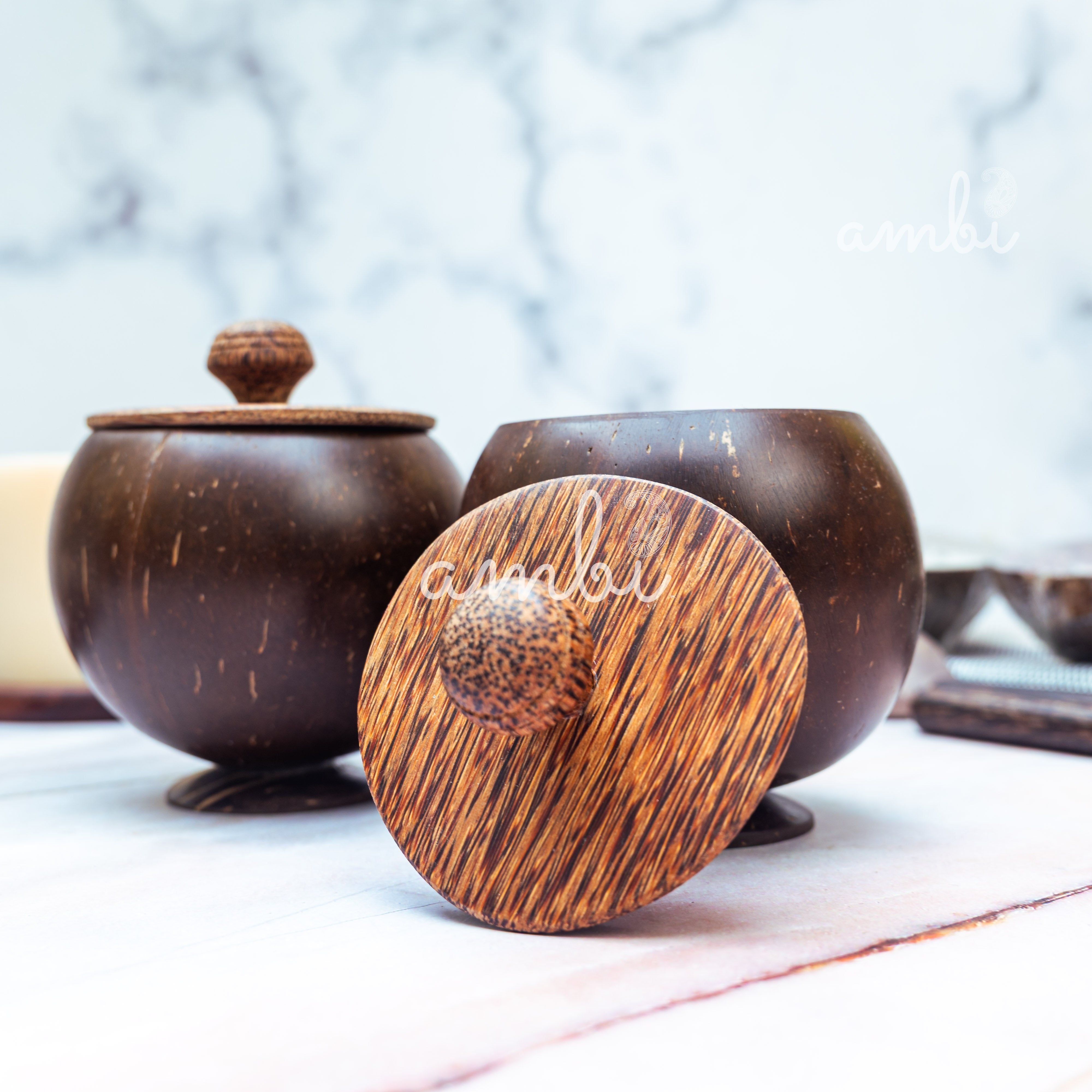 Coconut Shell Storage Container with Wooden Lid - Set of 2