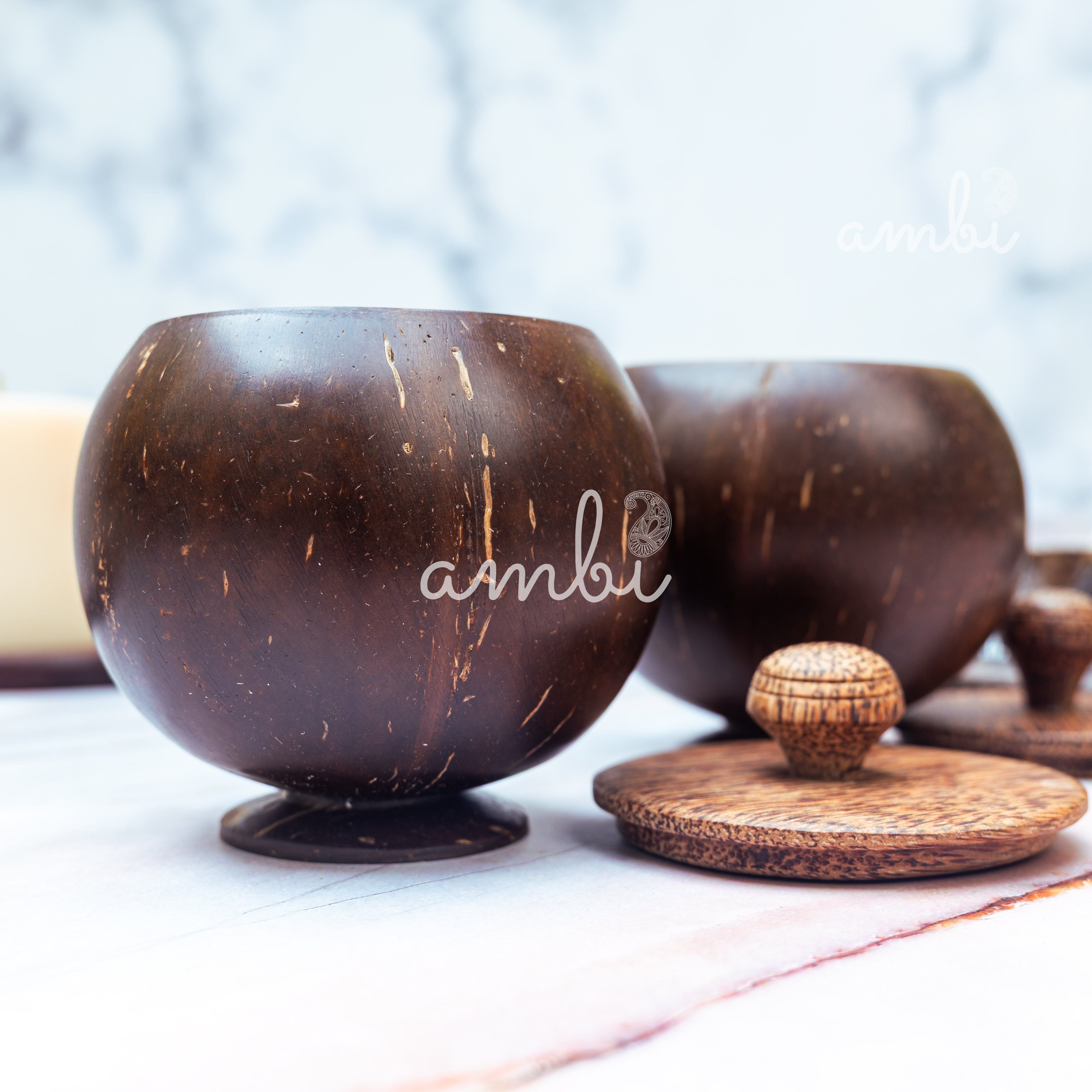 Coconut Shell Storage Container with Wooden Lid - Set of 2