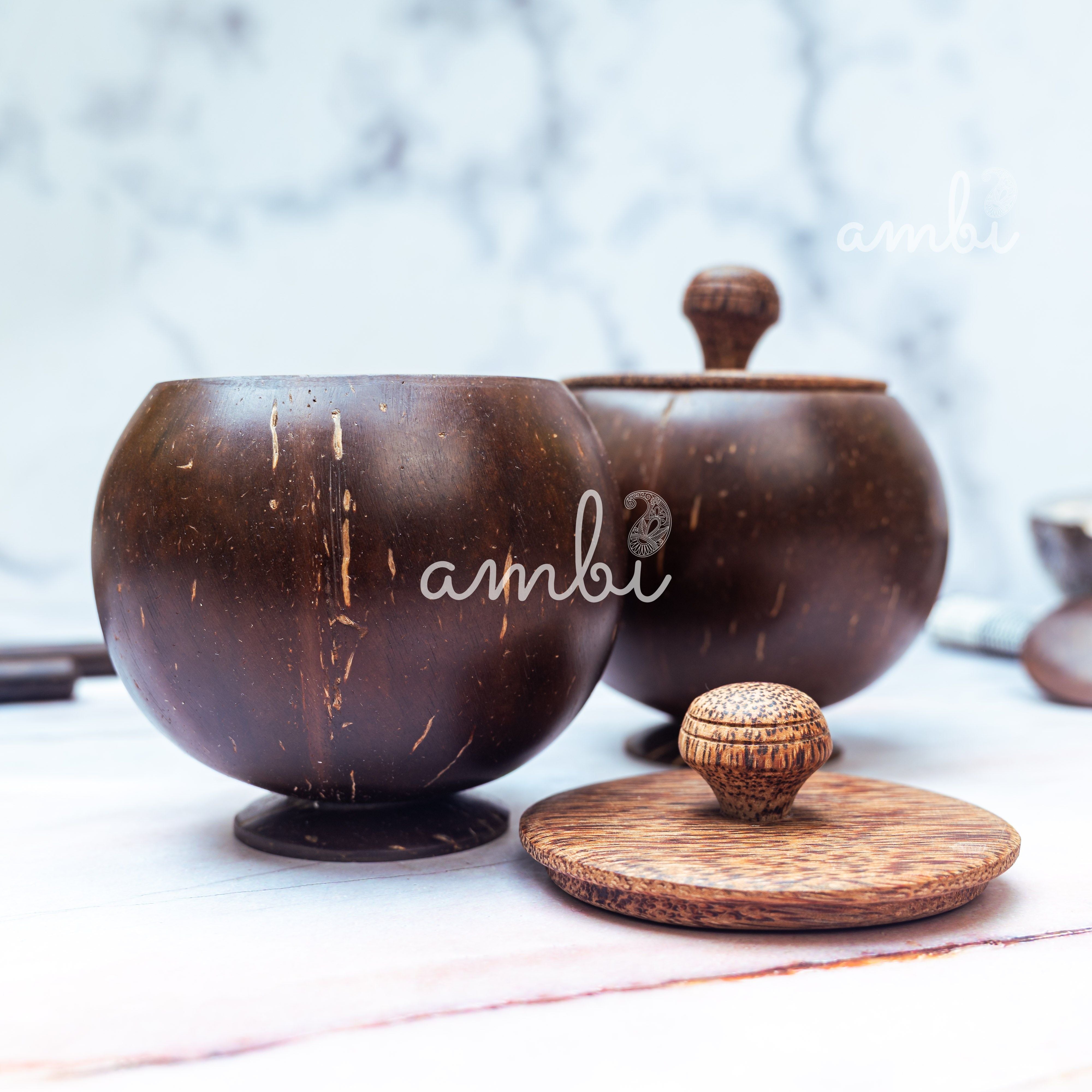 Coconut Shell Storage Container with Wooden Lid - Set of 2