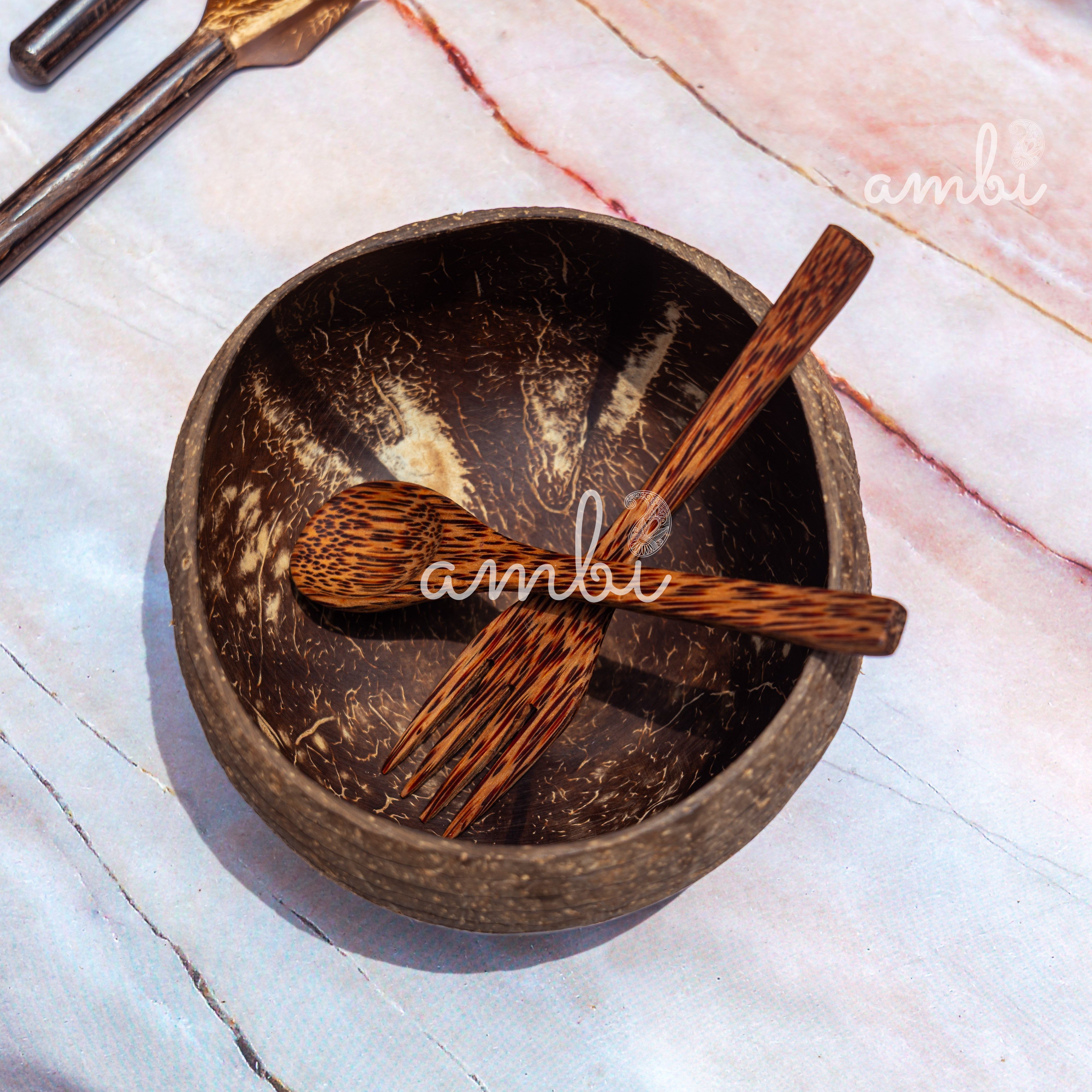 Coconut Bowl - 1 Bowl with Spoon and Fork