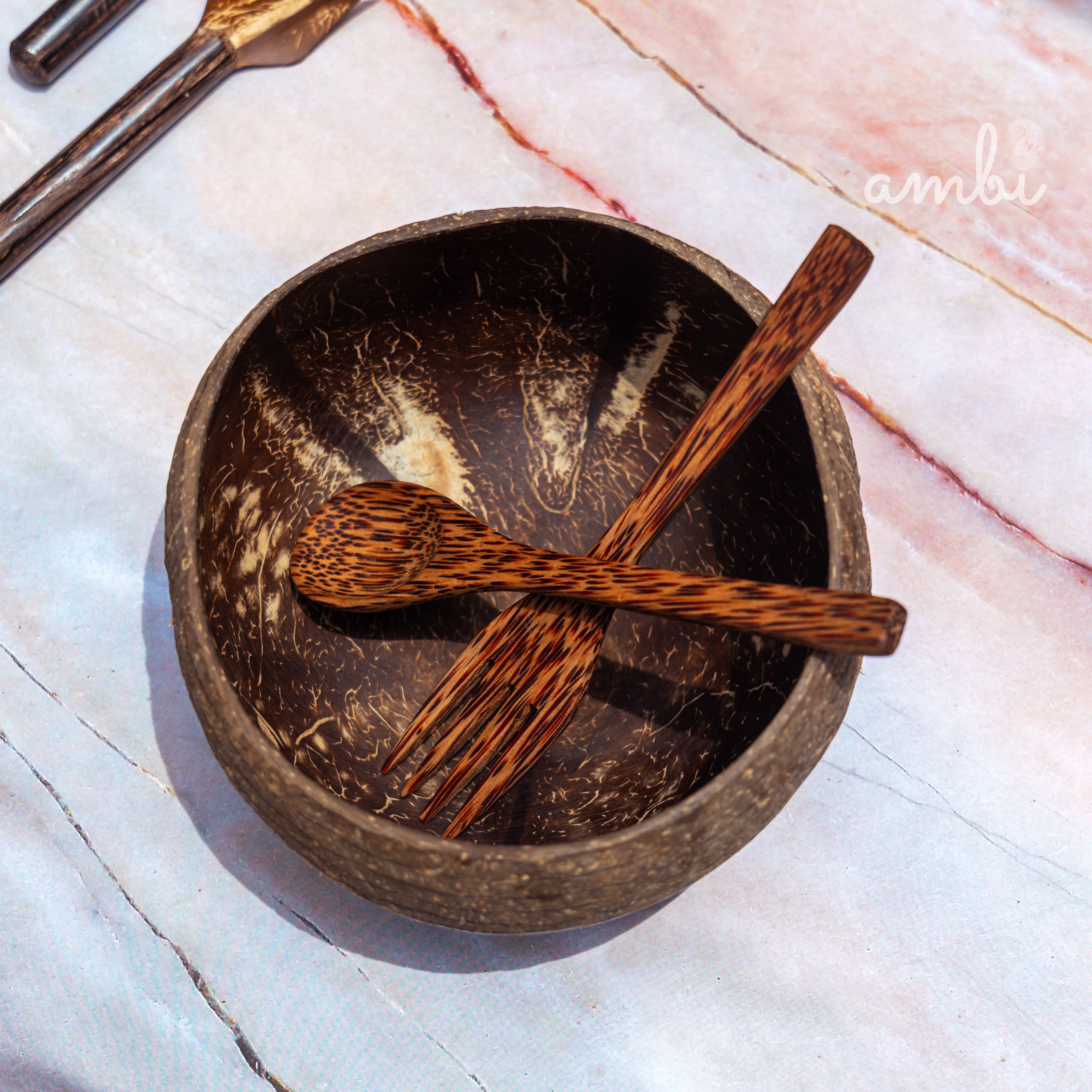Coconut Shell Bowl with Spoon and Fork — Handcrafted Eco-Friendly Dining Set