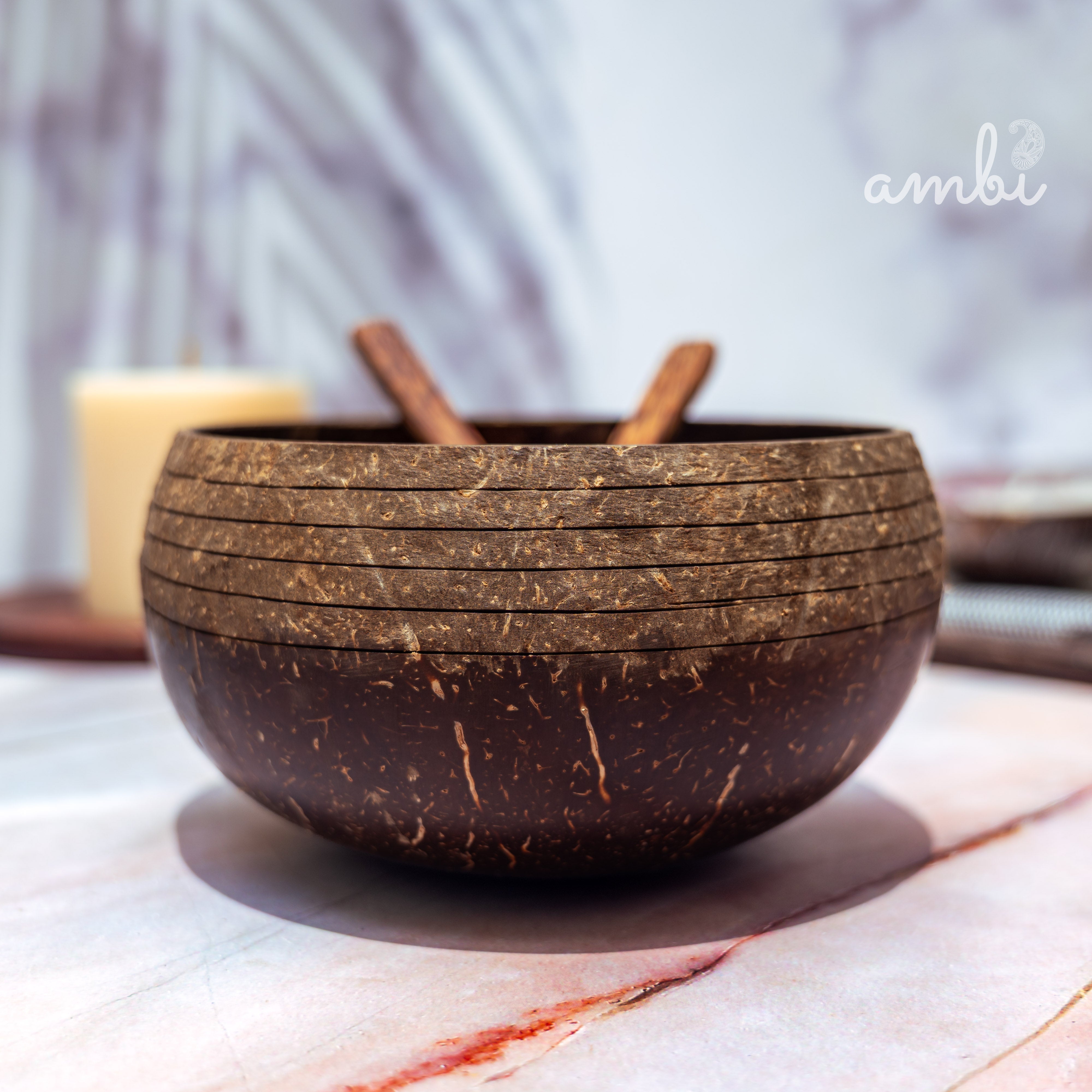 Coconut Shell Bowl with Spoon and Fork — Handcrafted Eco-Friendly Dining Set