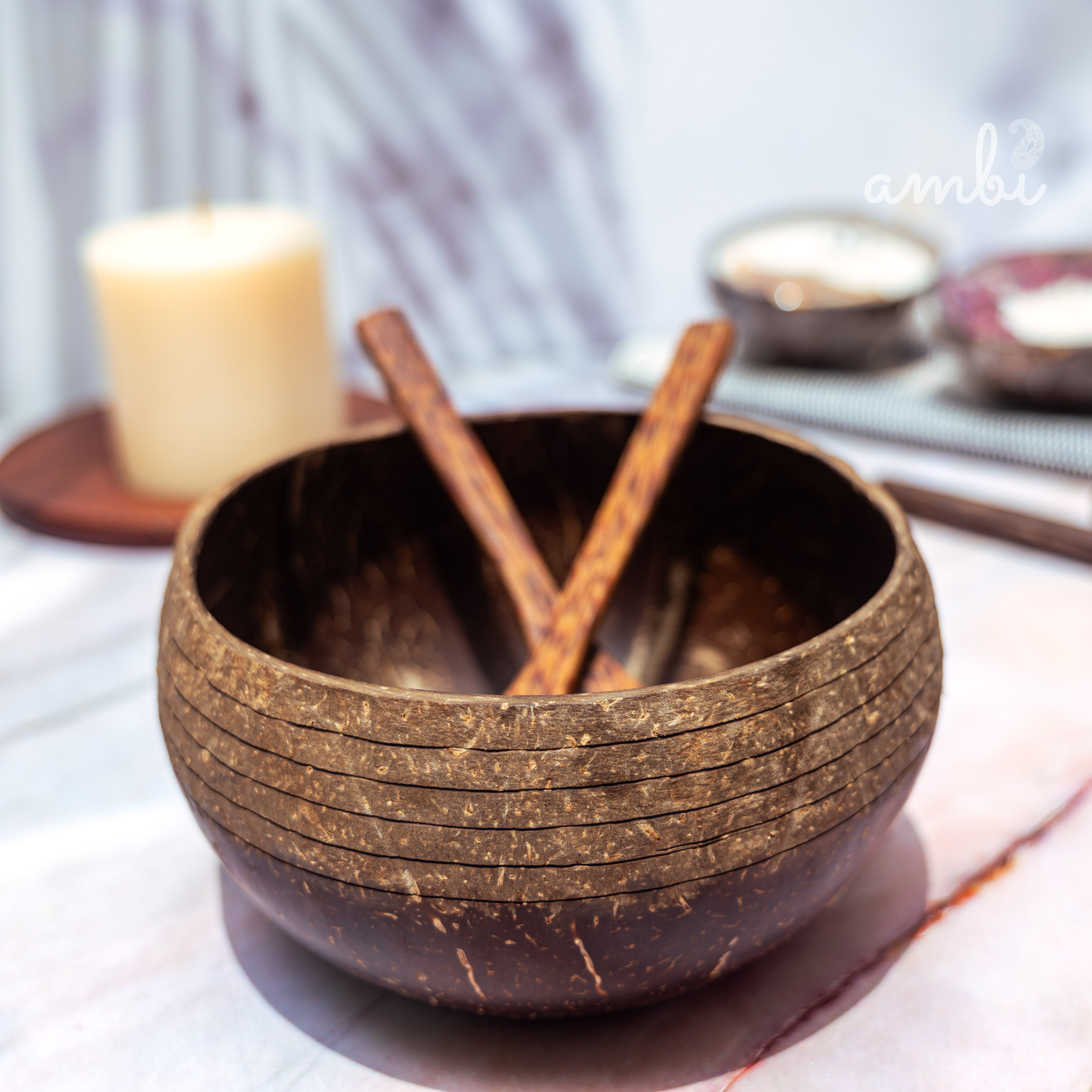 Coconut Shell Bowl with Spoon and Fork — Handcrafted Eco-Friendly Dining Set