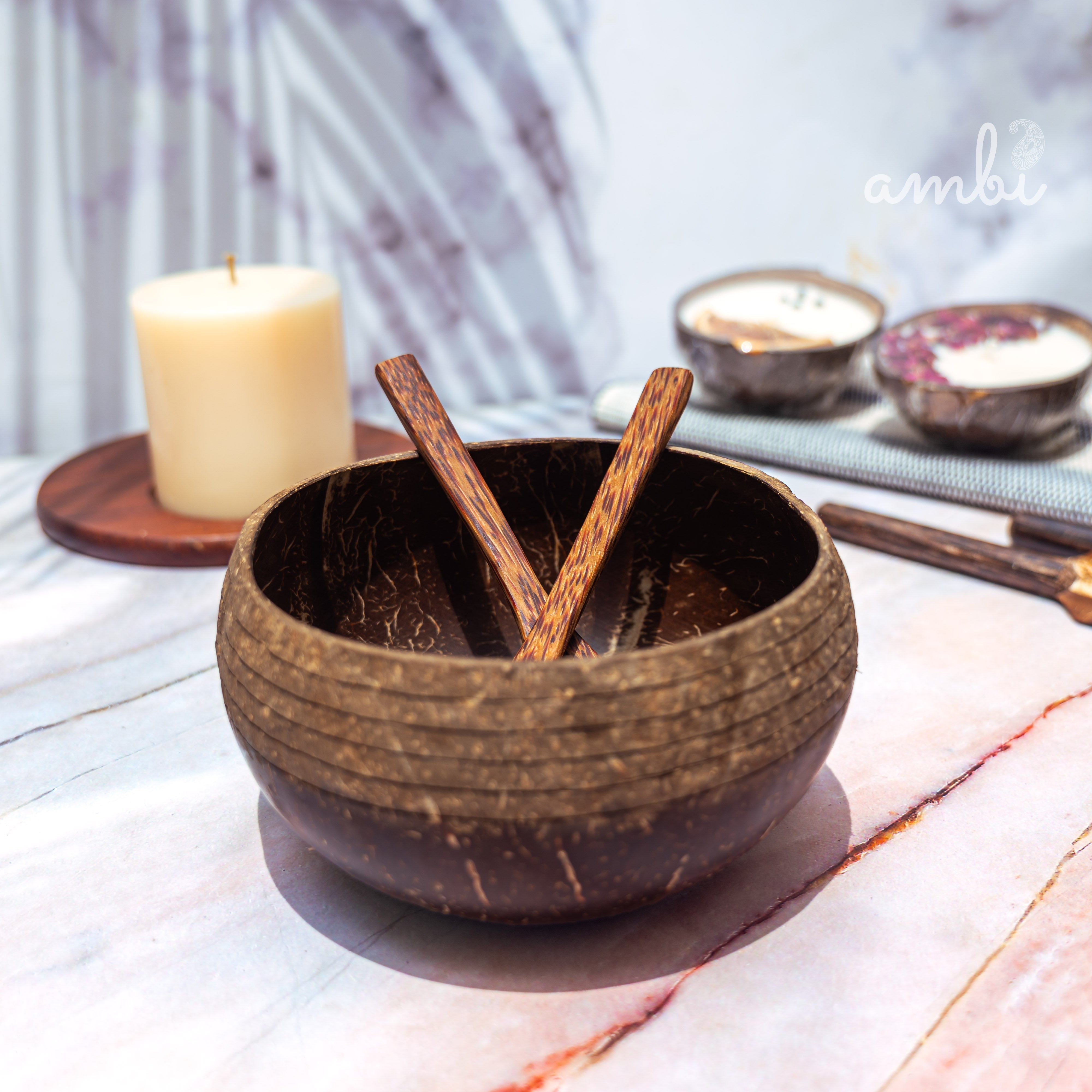 Coconut Shell Bowl with Spoon and Fork — Handcrafted Eco-Friendly Dining Set