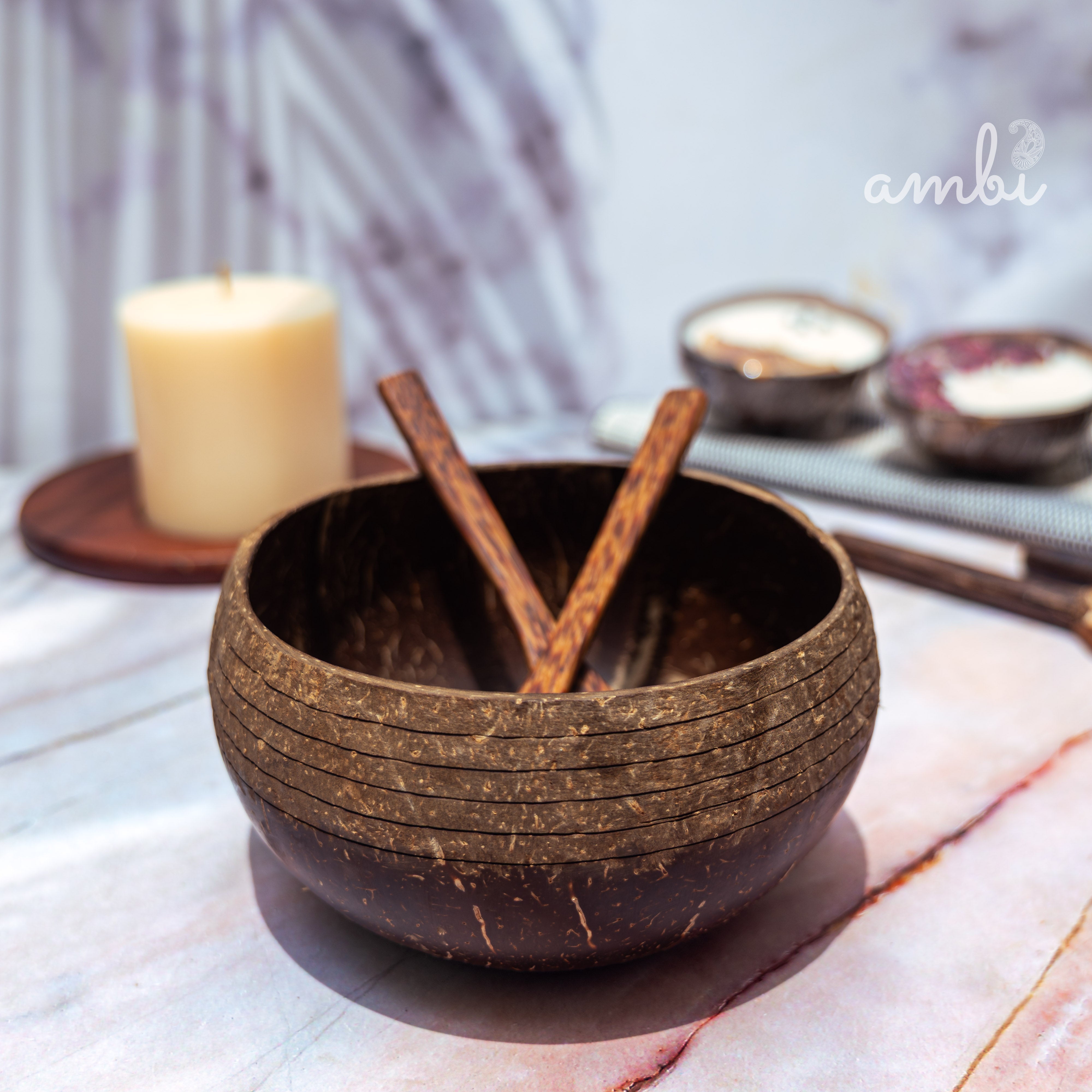 Coconut Shell Bowl with Spoon and Fork — Handcrafted Eco-Friendly Dining Set