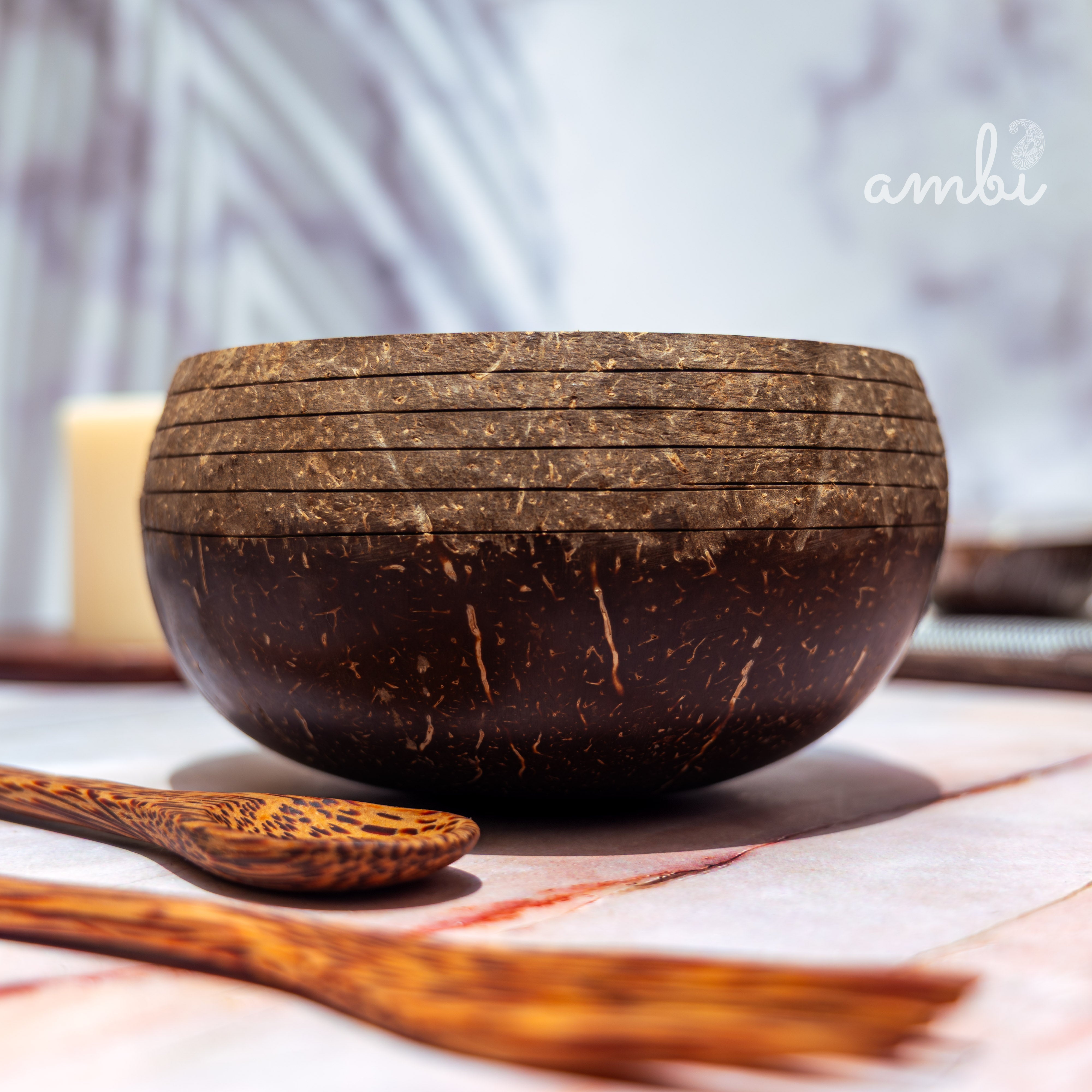 Coconut Shell Bowl with Spoon and Fork — Handcrafted Eco-Friendly Dining Set