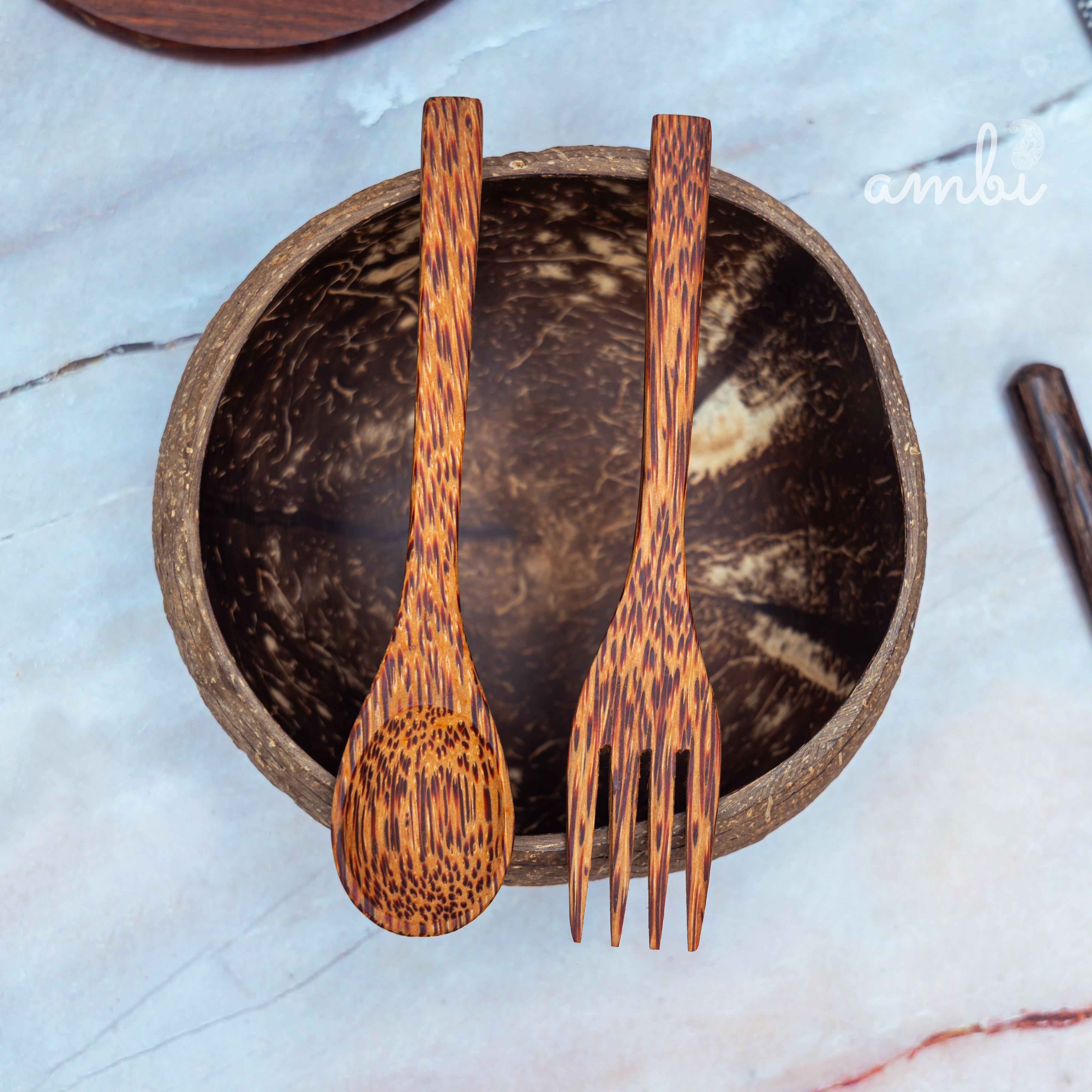 Coconut Shell Bowl with Spoon and Fork — Handcrafted Eco-Friendly Dining Set