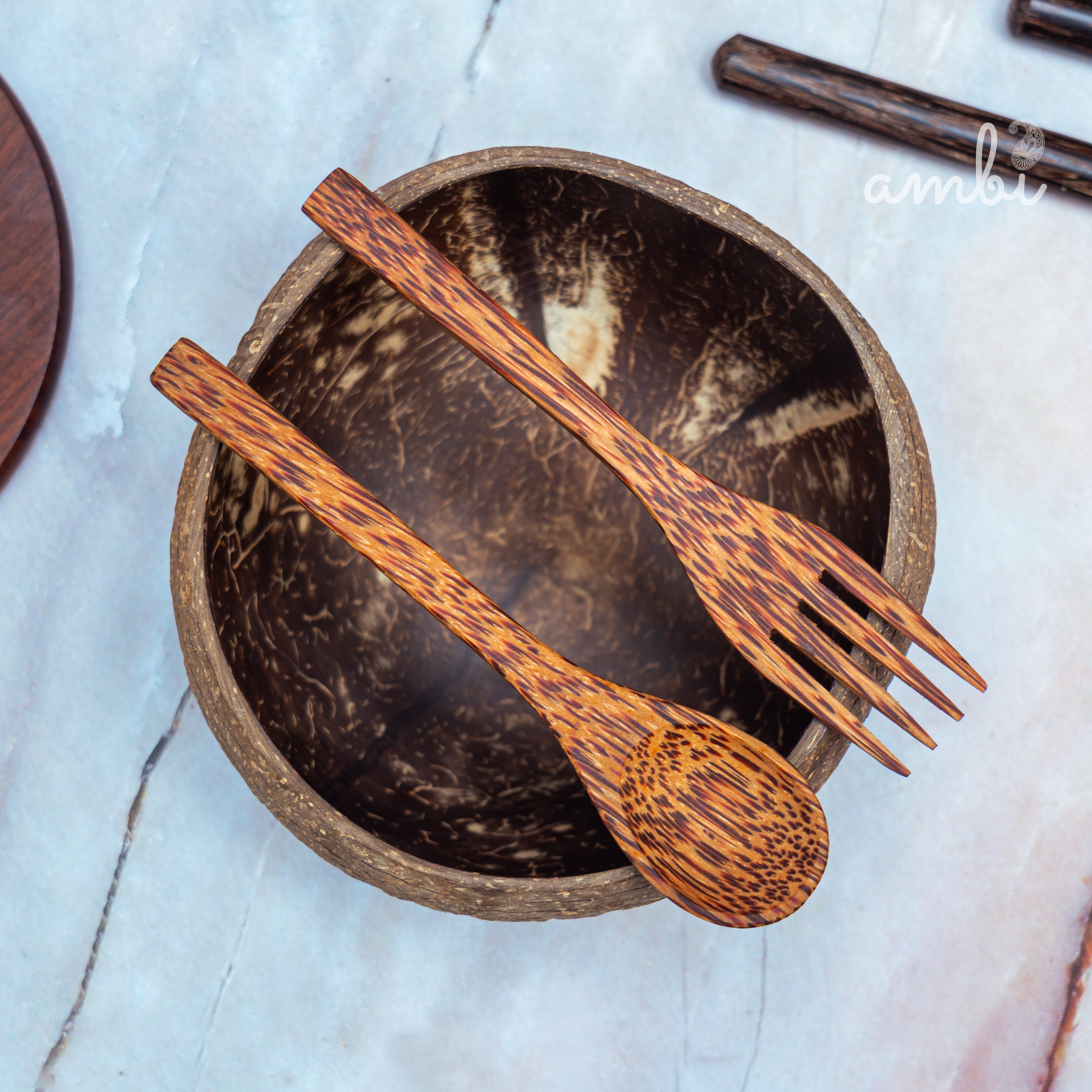 Coconut Shell Bowl with Spoon and Fork — Handcrafted Eco-Friendly Dining Set