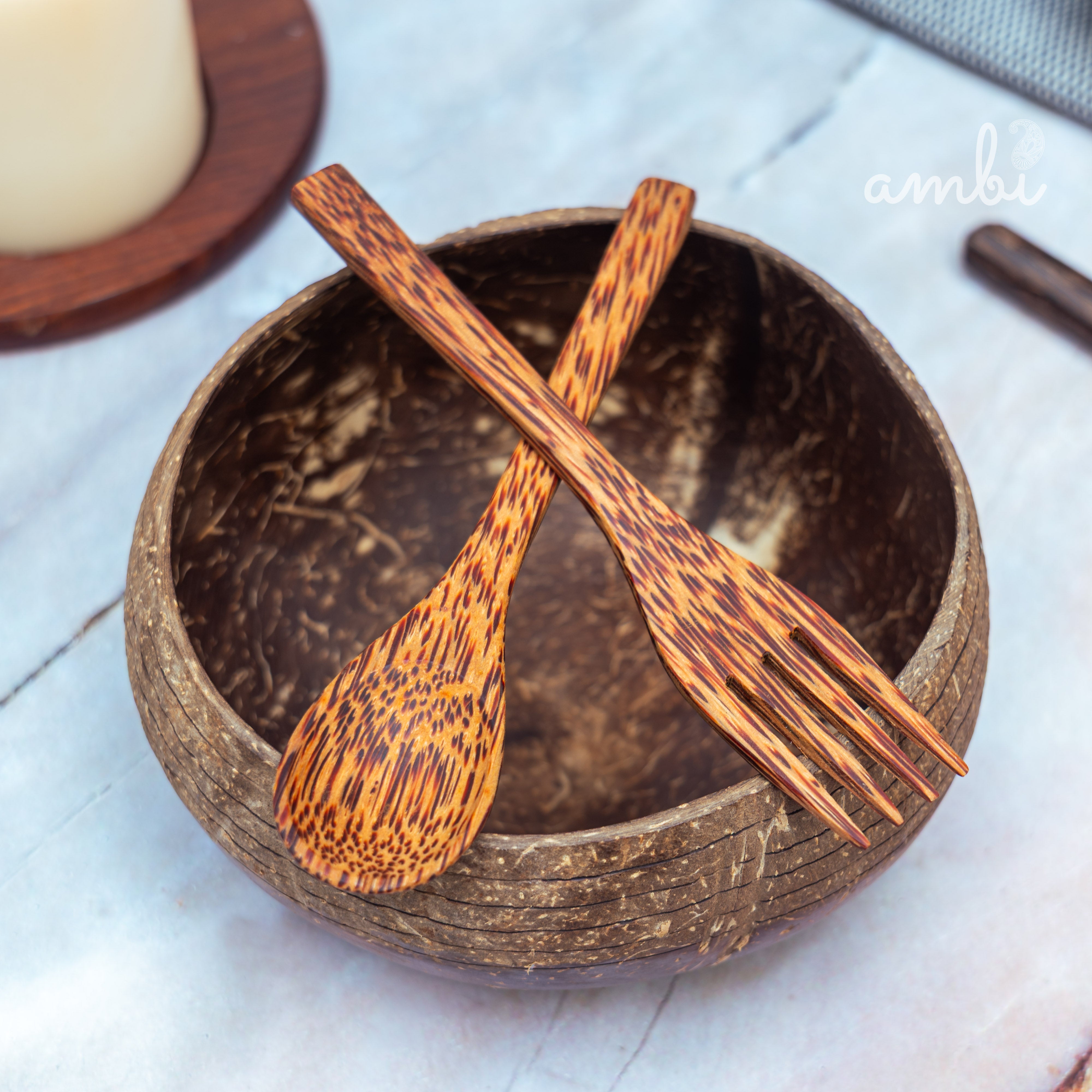 Coconut Shell Bowl with Spoon and Fork — Handcrafted Eco-Friendly Dining Set