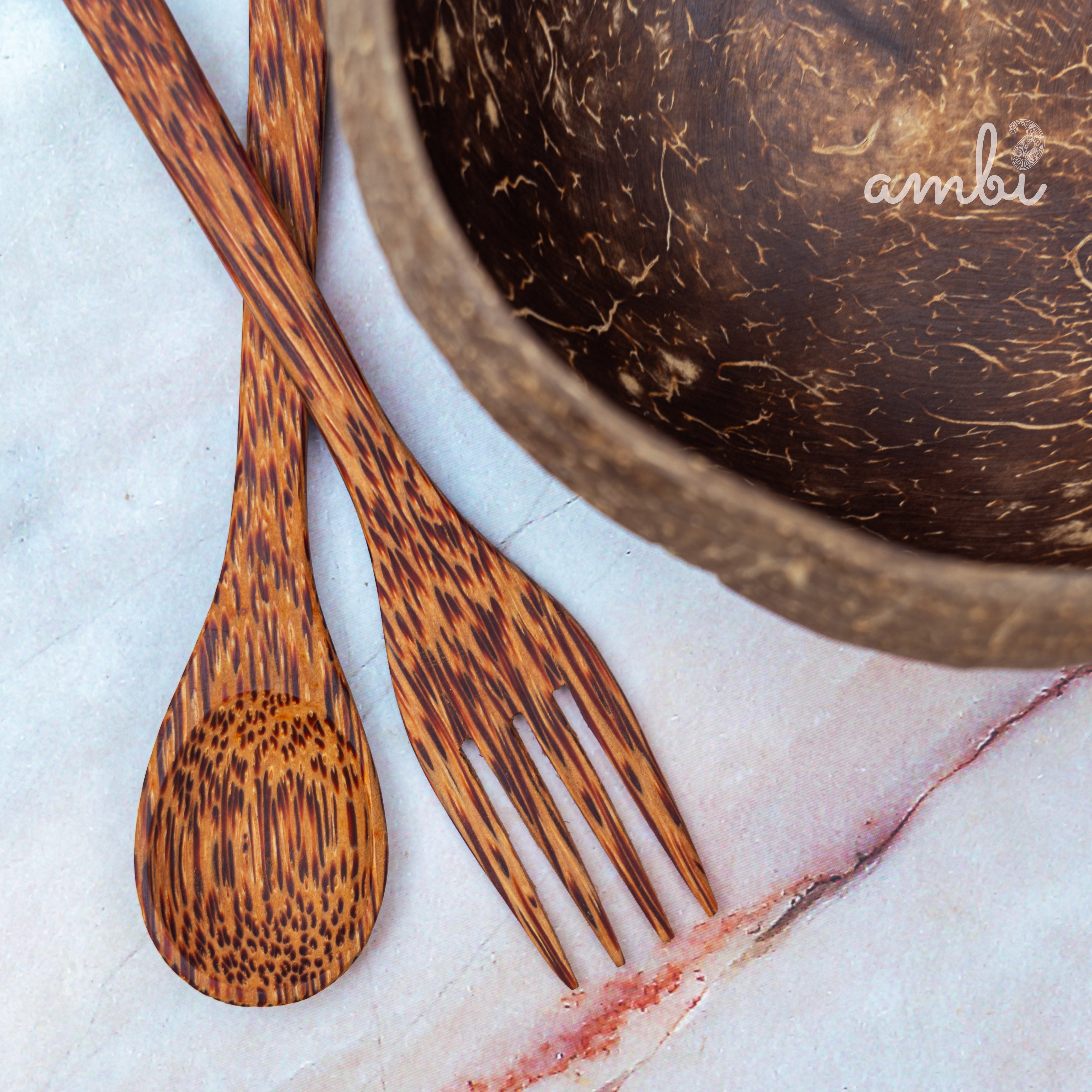 Coconut Shell Bowl with Spoon and Fork — Handcrafted Eco-Friendly Dining Set