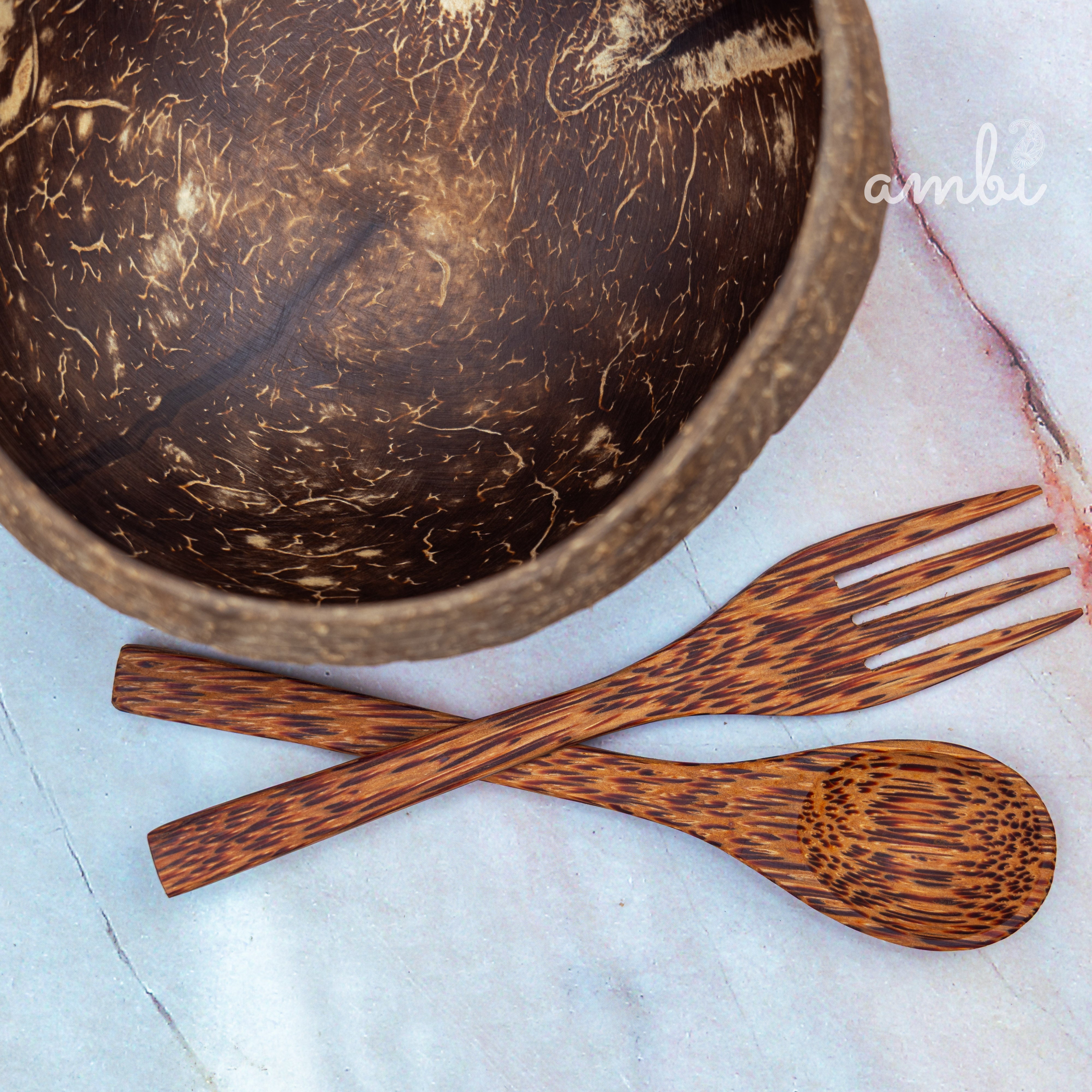Coconut Shell Bowl with Spoon and Fork — Handcrafted Eco-Friendly Dining Set