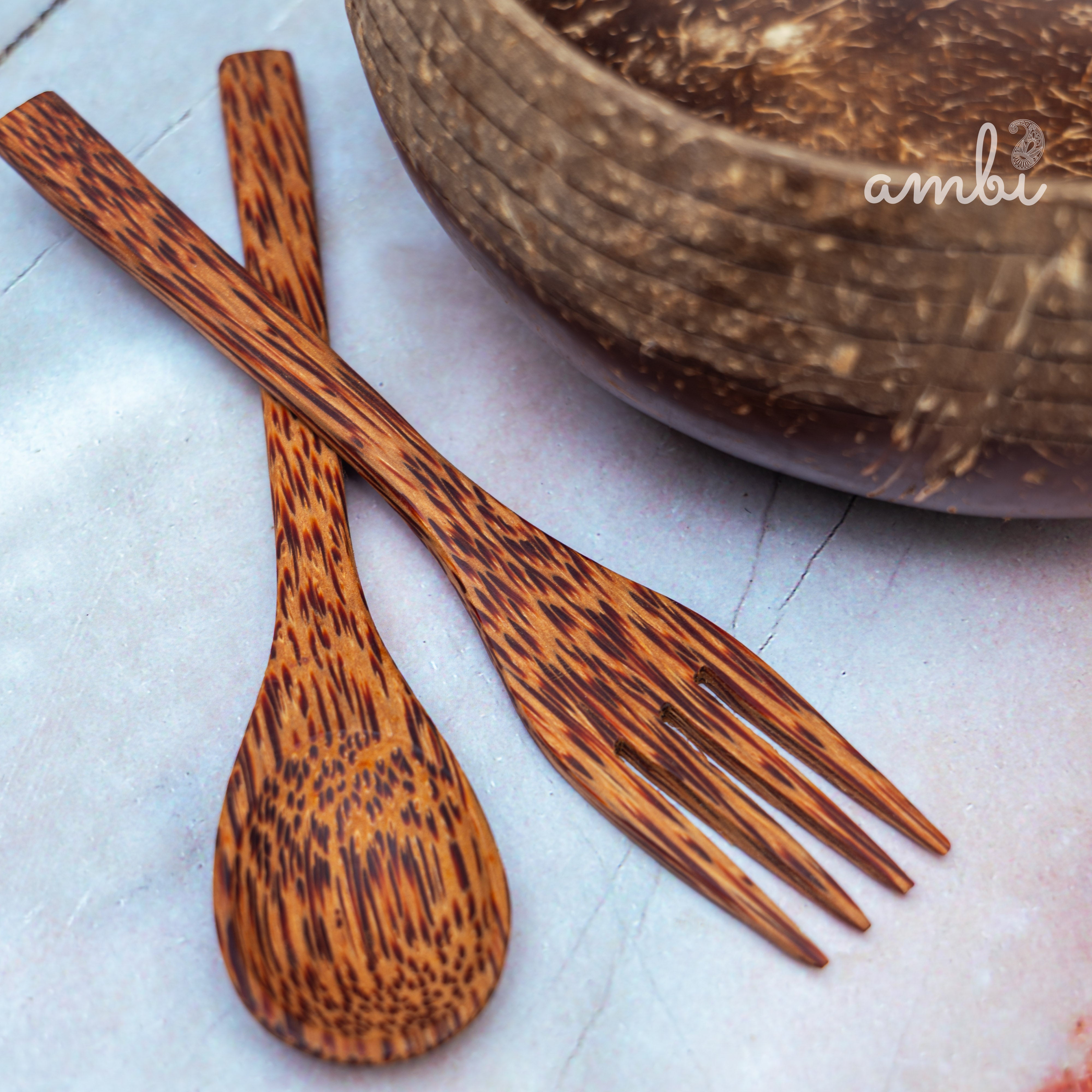 Coconut Shell Bowl with Spoon and Fork — Handcrafted Eco-Friendly Dining Set