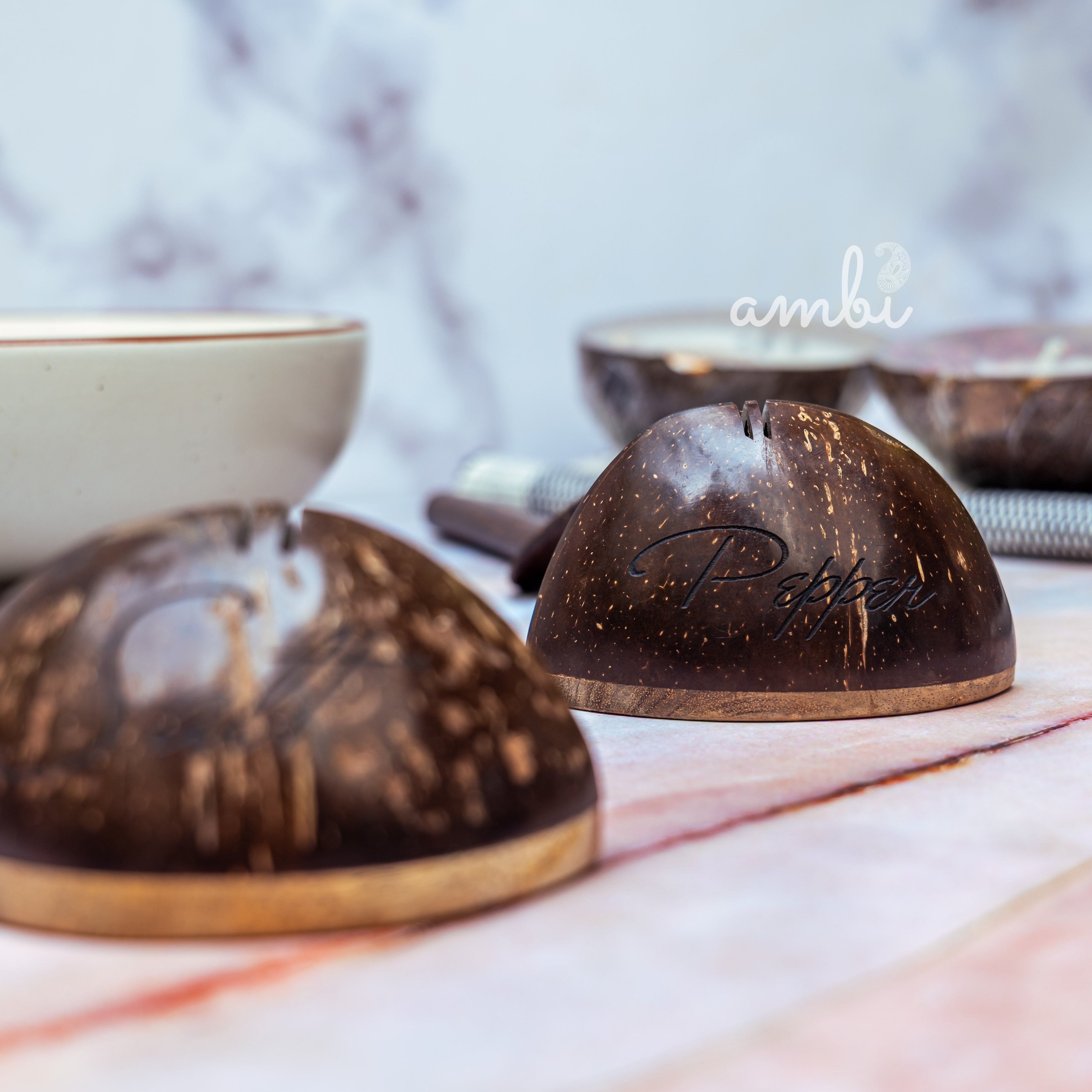 Coconut Shell Salt and Pepper Shaker Set — Handcrafted Eco-Friendly Tableware