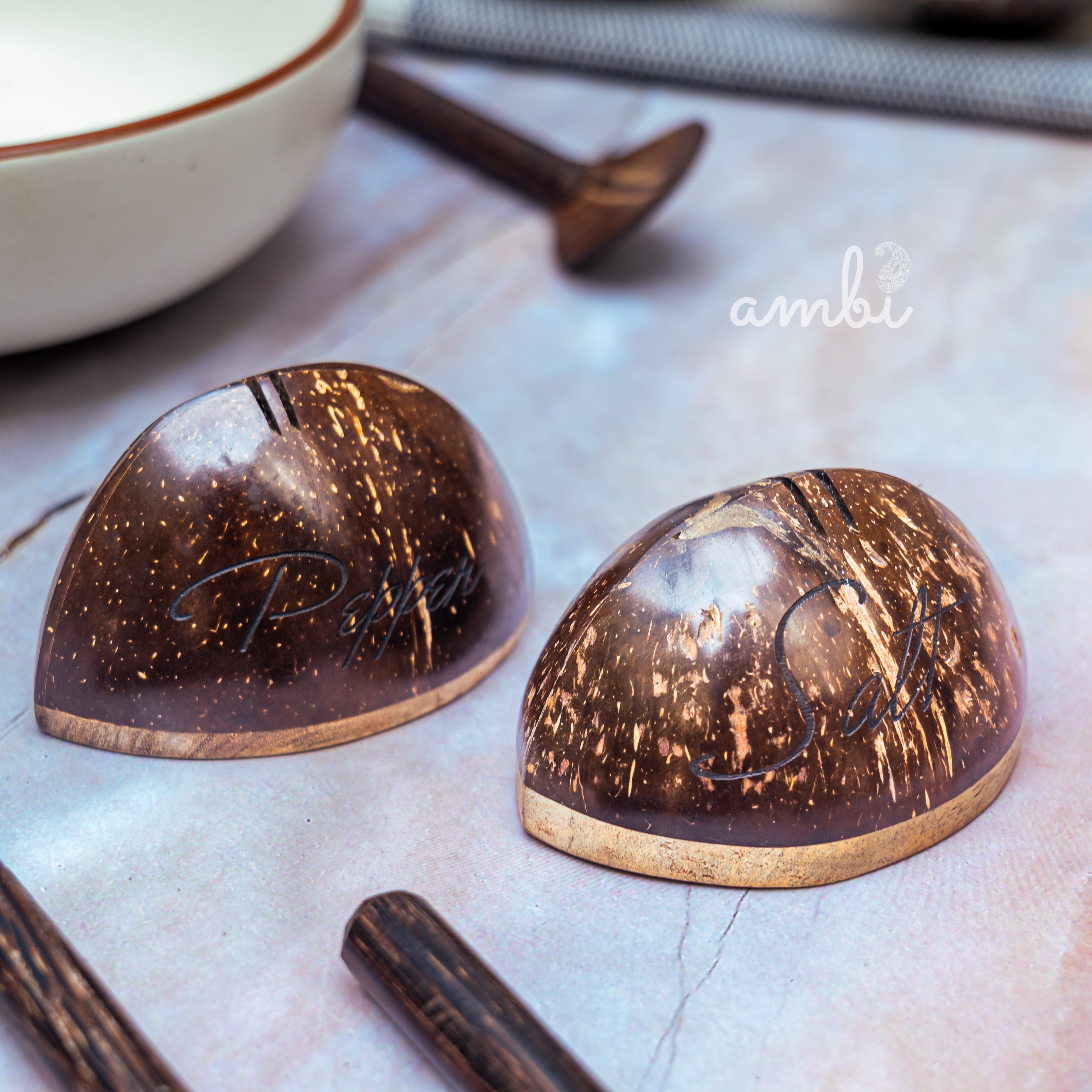 Coconut Shell Salt and Pepper Shaker Set — Handcrafted Eco-Friendly Tableware