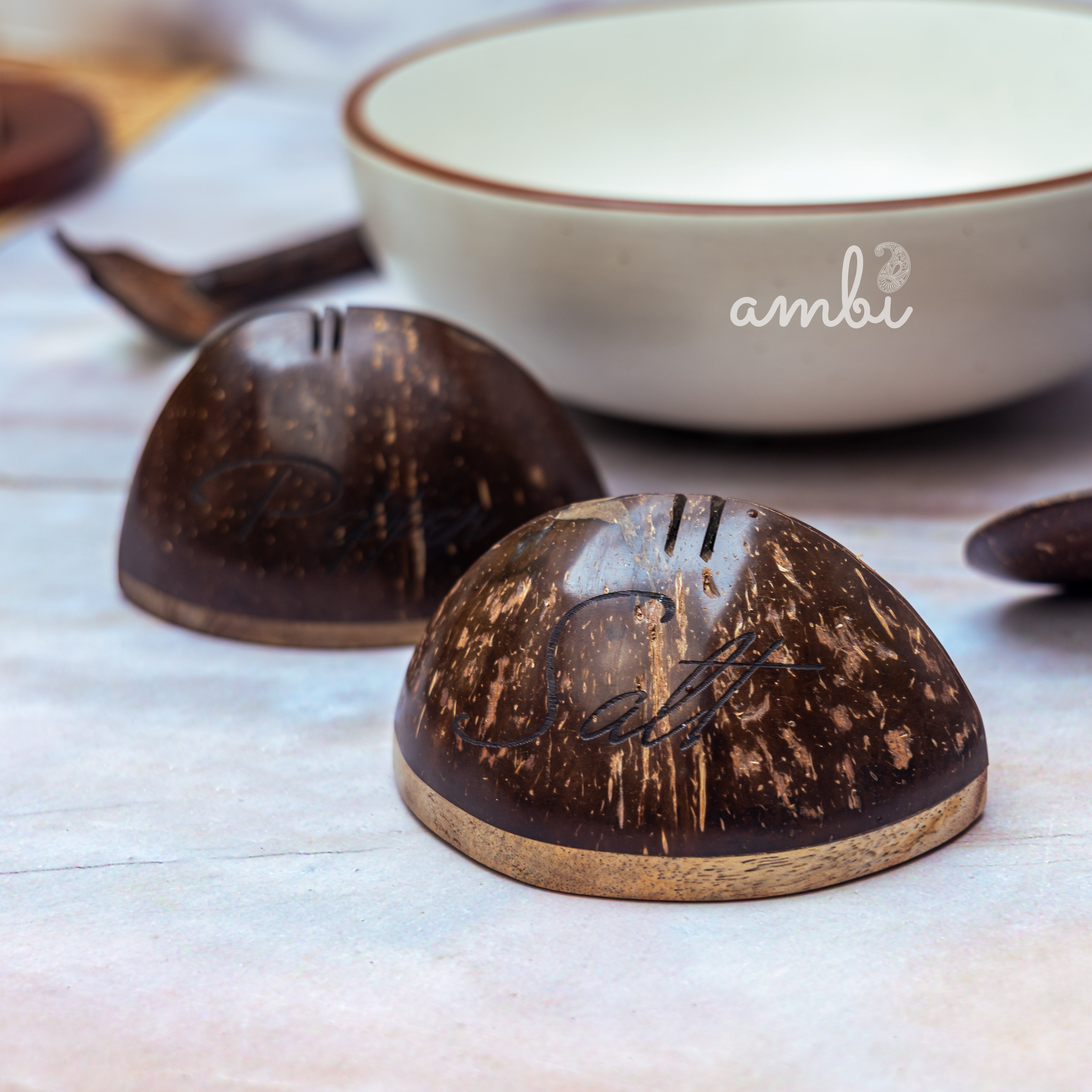 Coconut Shell Salt and Pepper Shaker Set — Handcrafted Eco-Friendly Tableware