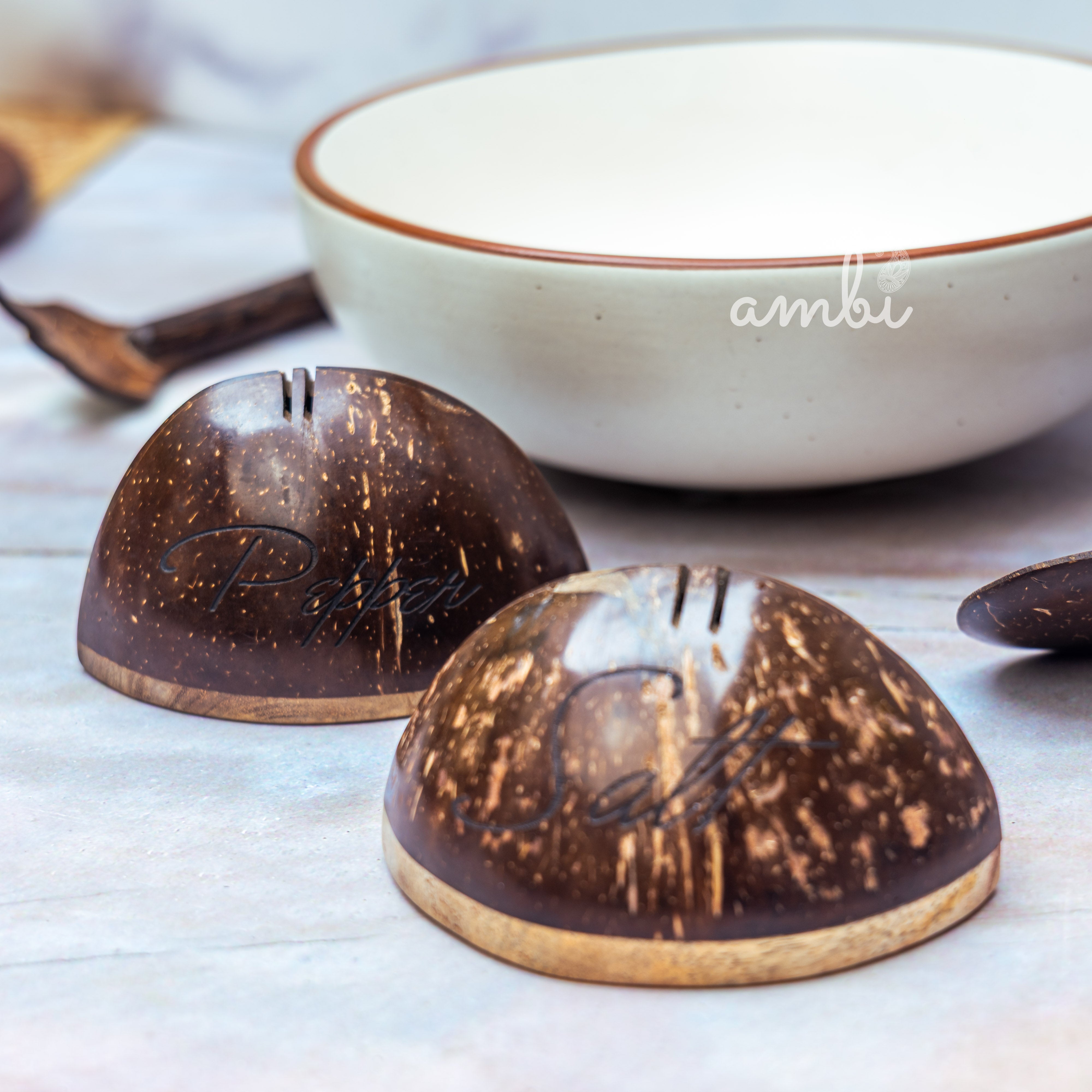 Coconut Shell Salt and Pepper Shaker Set — Handcrafted Eco-Friendly Tableware