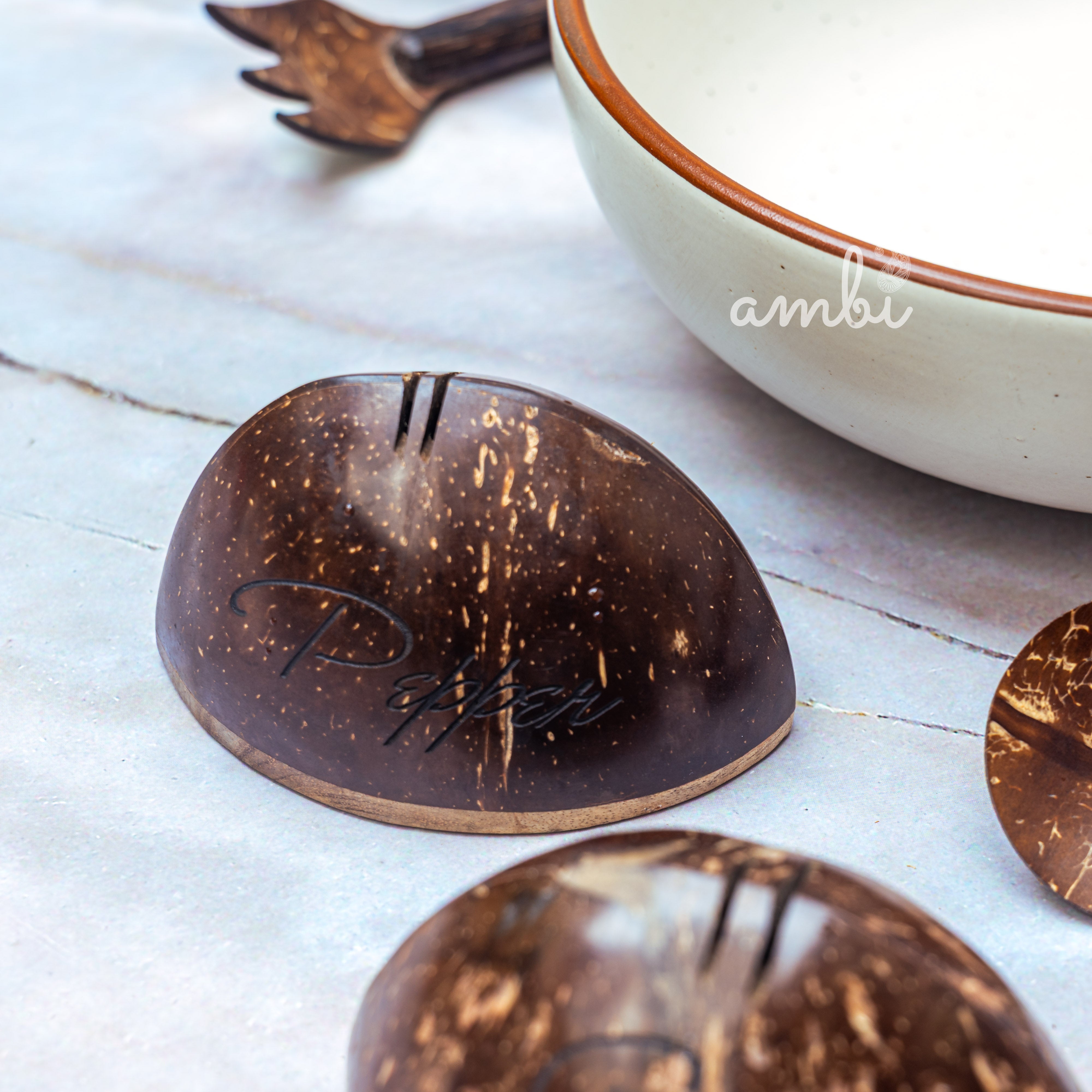 Coconut Shell Salt and Pepper Shaker Set — Handcrafted Eco-Friendly Tableware