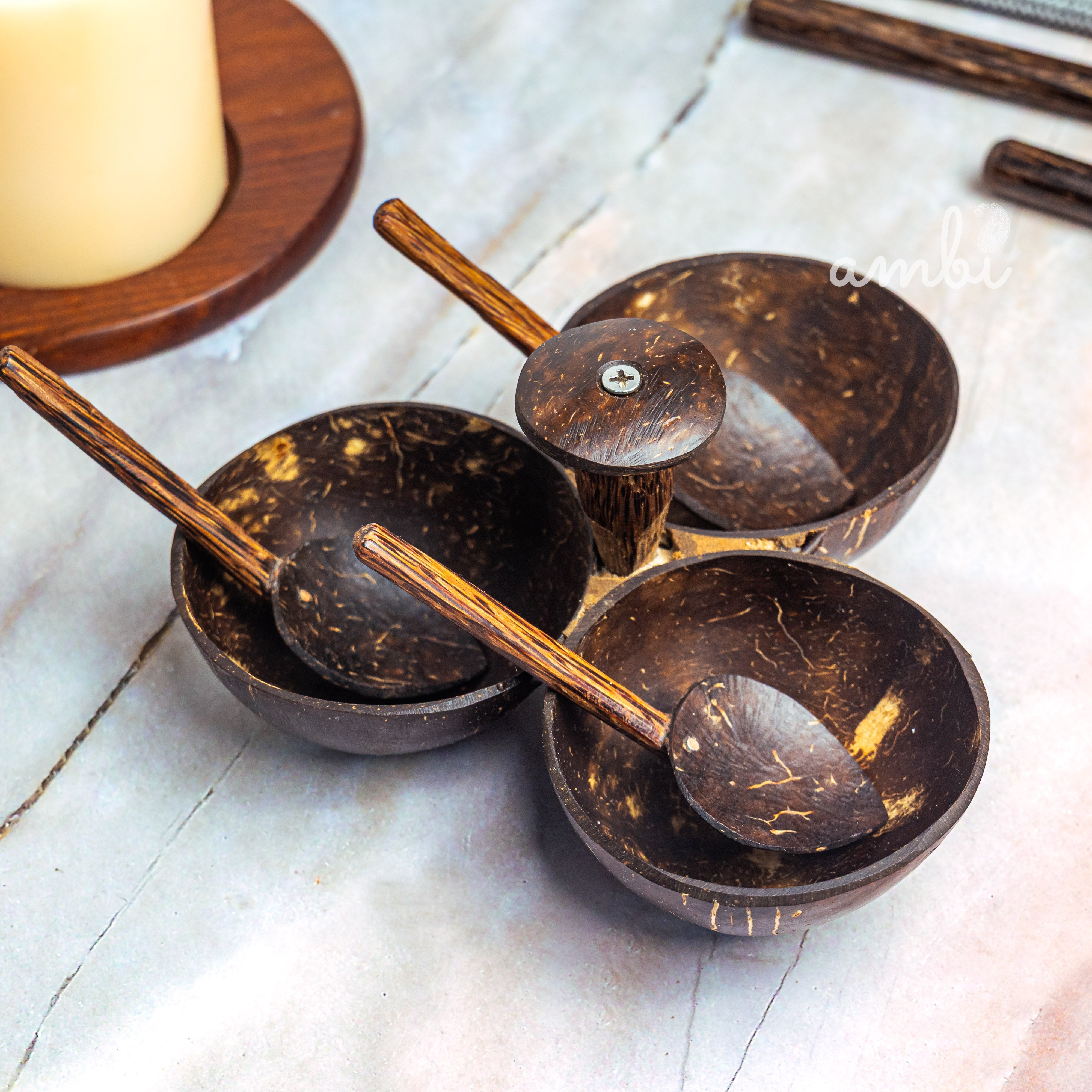 Coconut Shell Serving Set — 3 Bowls + 3 Spoons, Handcrafted & Eco-Friendly