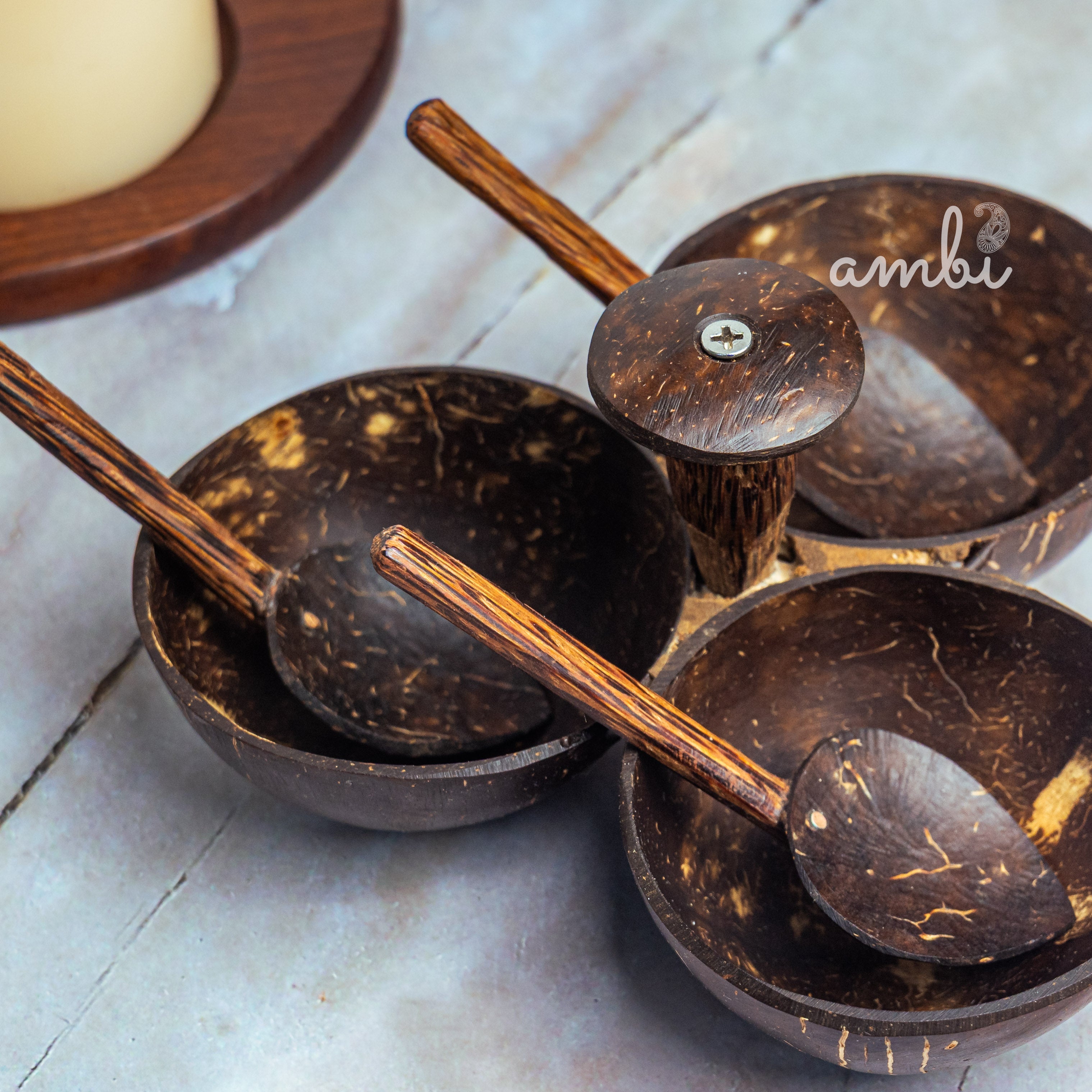 Coconut Shell Serving Set — 3 Bowls + 3 Spoons, Handcrafted & Eco-Friendly