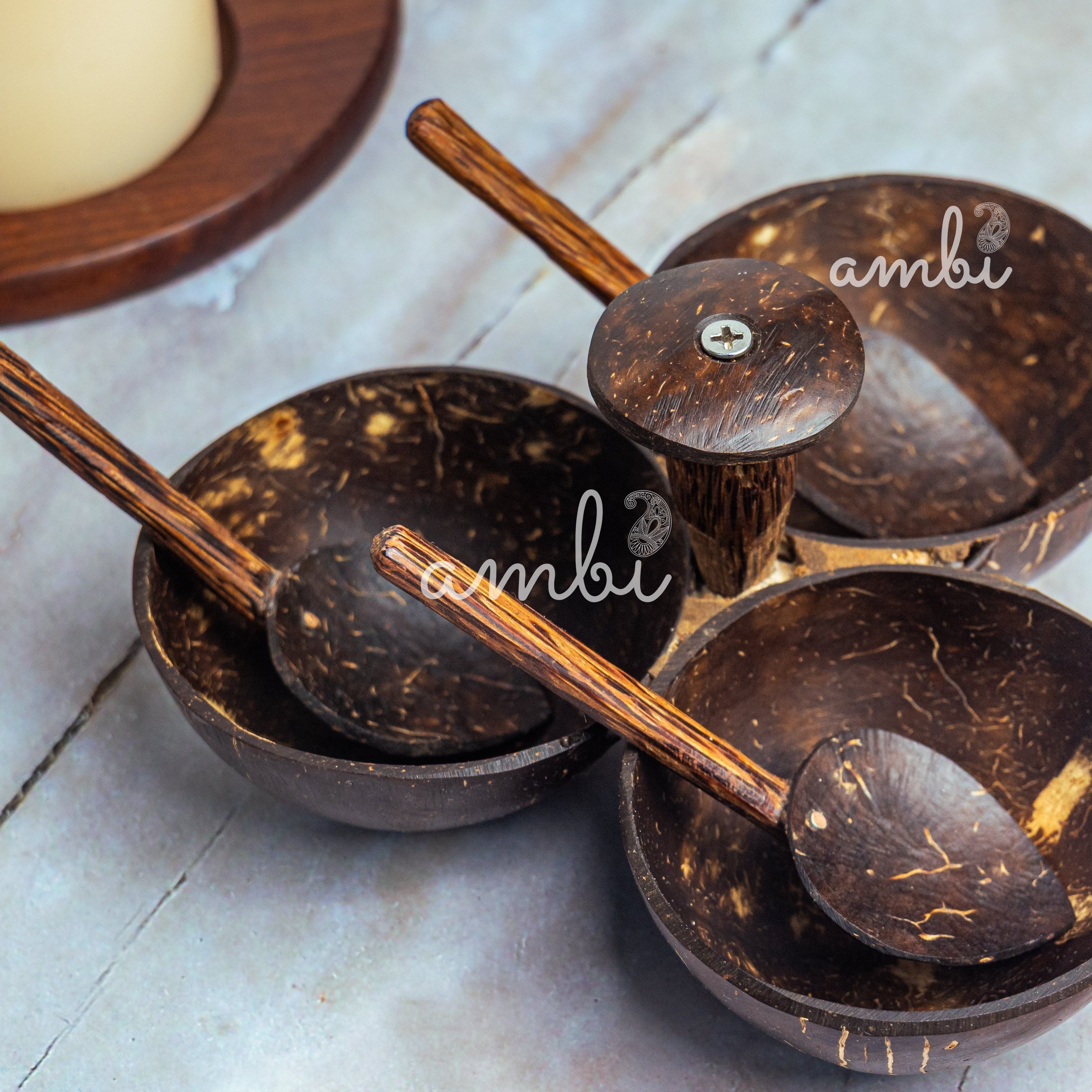 Coconut Shell Three Bowl Serving Set + 3 Spoons