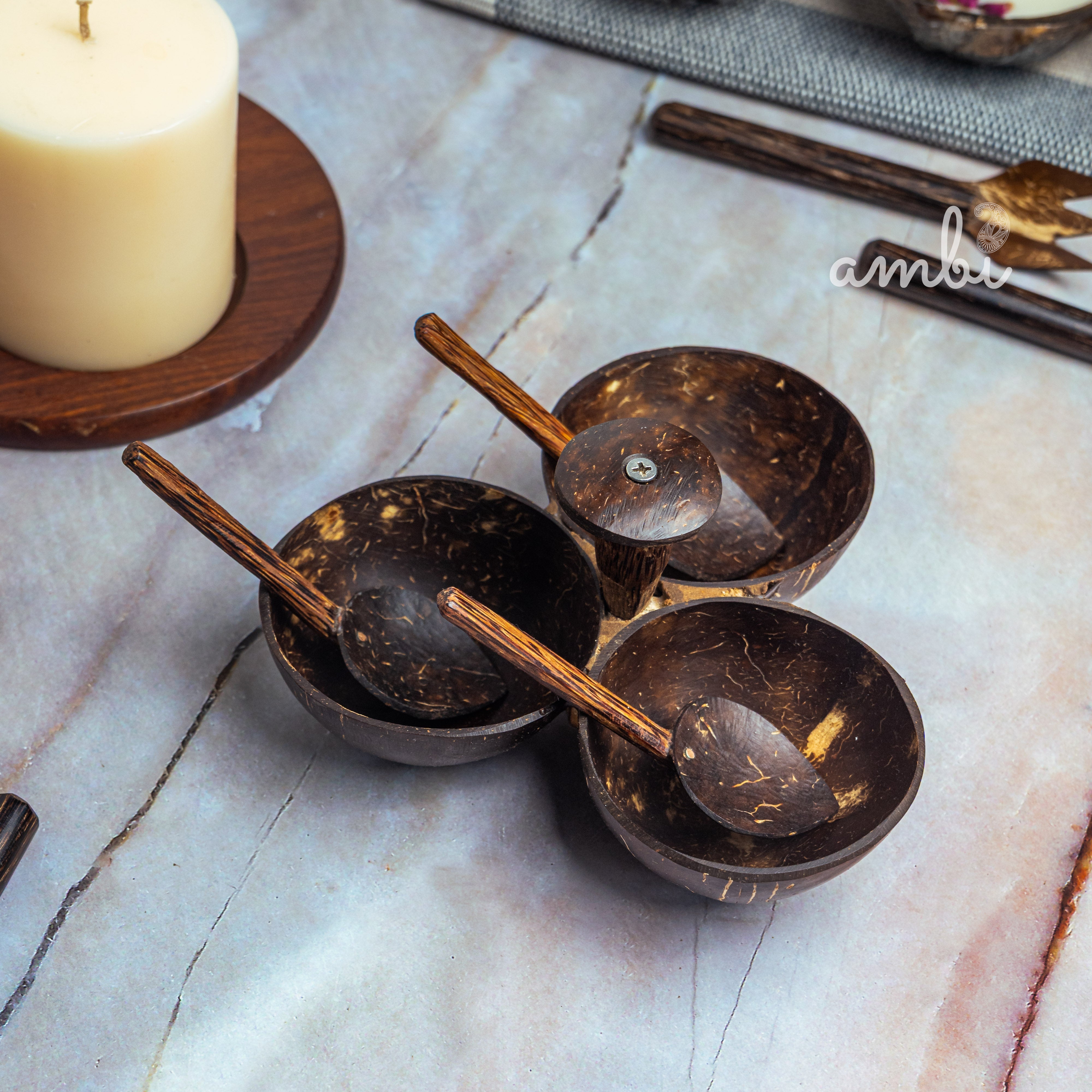 Coconut Shell Serving Set — 3 Bowls + 3 Spoons, Handcrafted & Eco-Friendly
