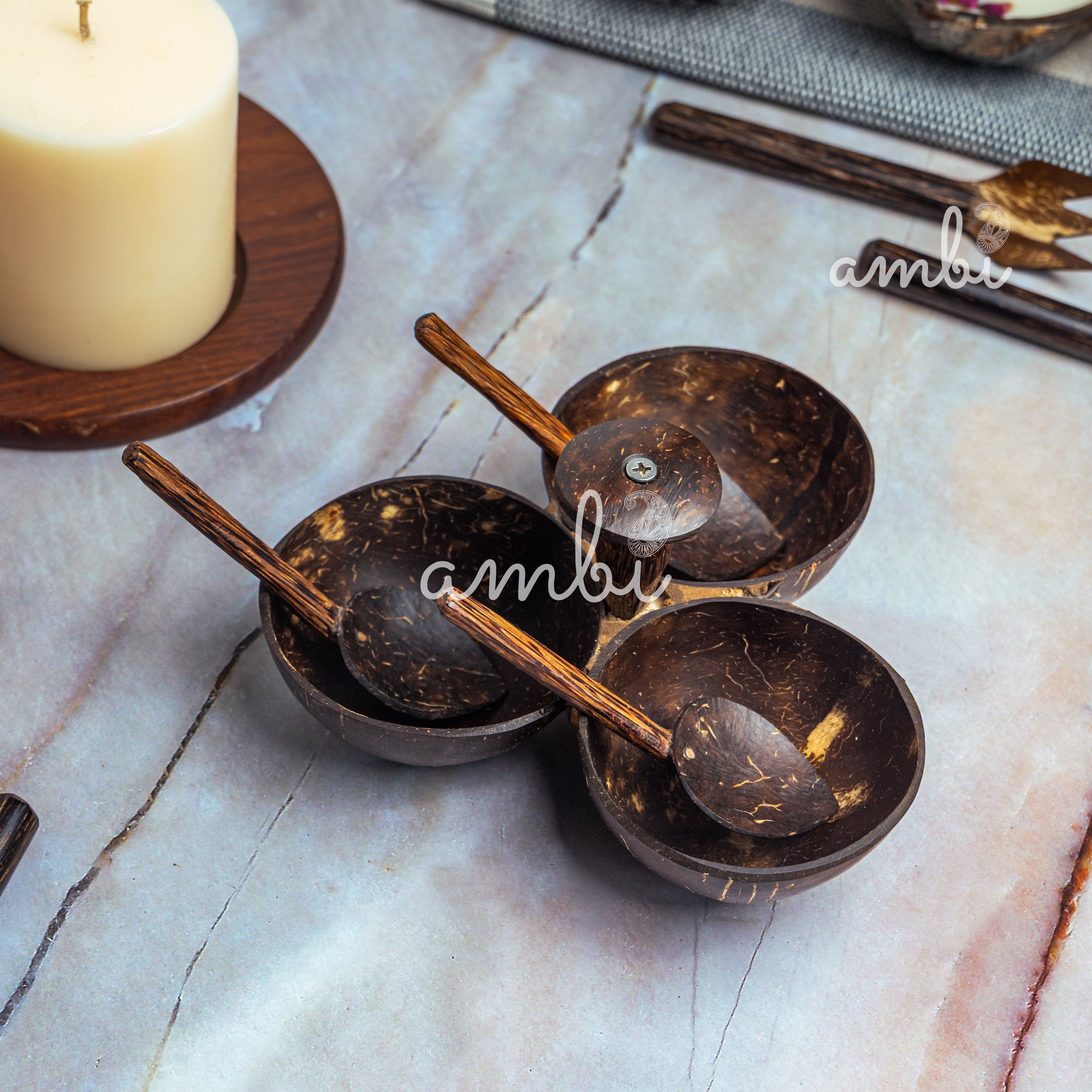 Coconut Shell Three Bowl Serving Set + 3 Spoons
