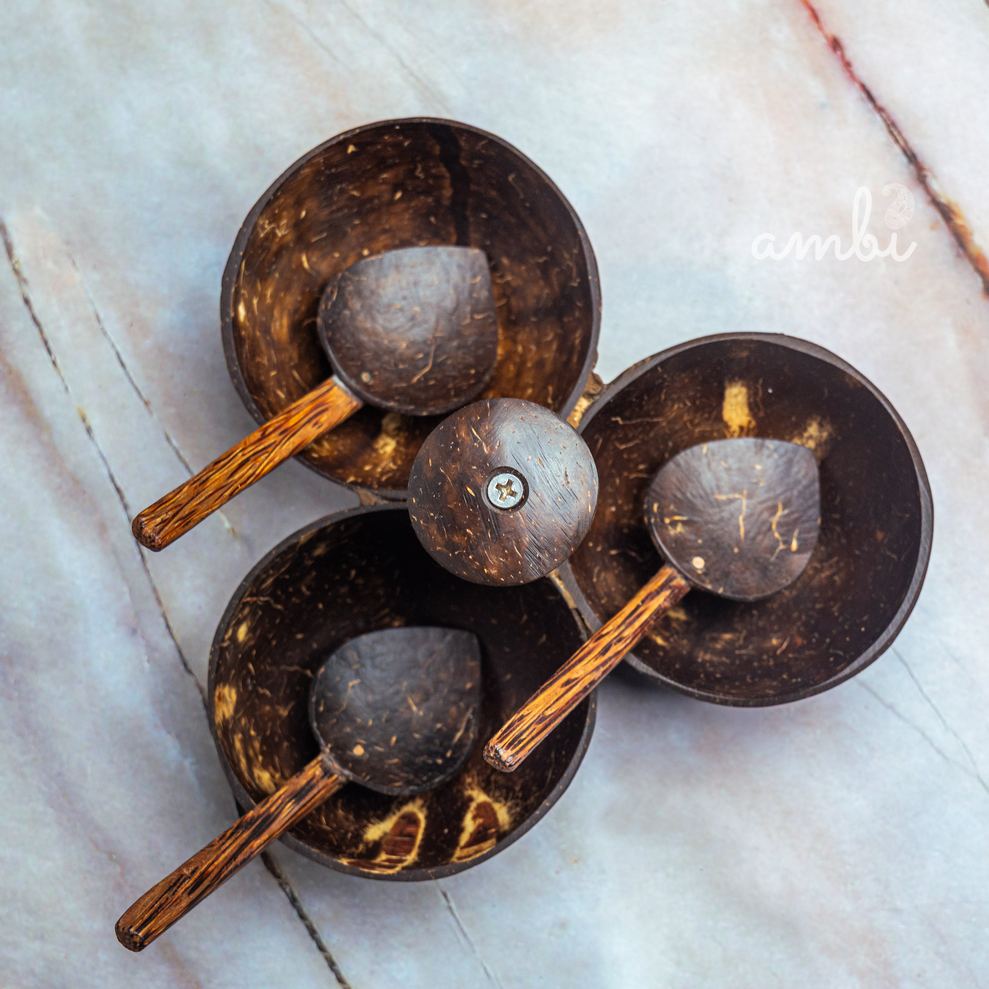 Coconut Shell Three Bowl Serving Set + 3 Spoons