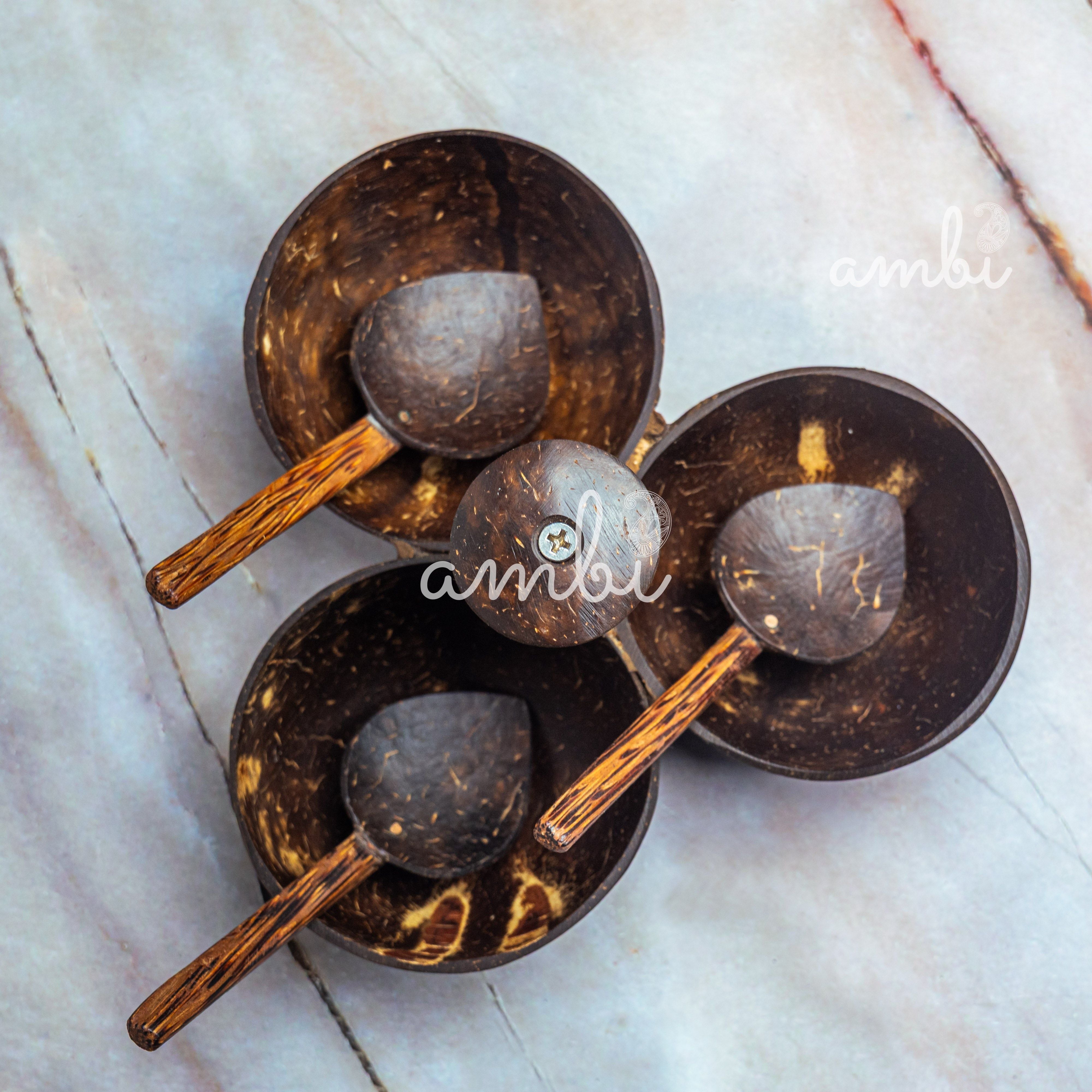 Coconut Shell Three Bowl Serving Set + 3 Spoons