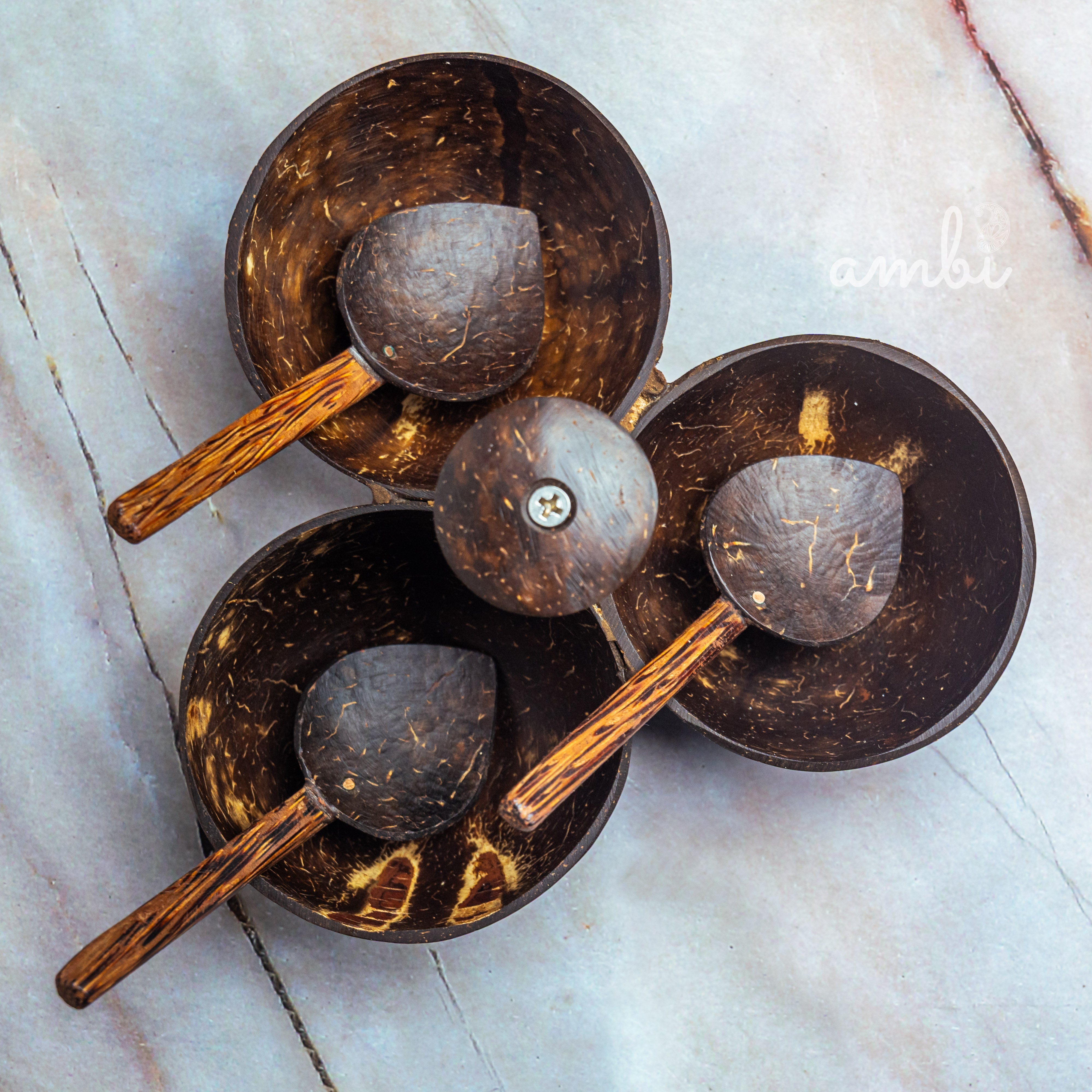 Coconut Shell Serving Set — 3 Bowls + 3 Spoons, Handcrafted & Eco-Friendly