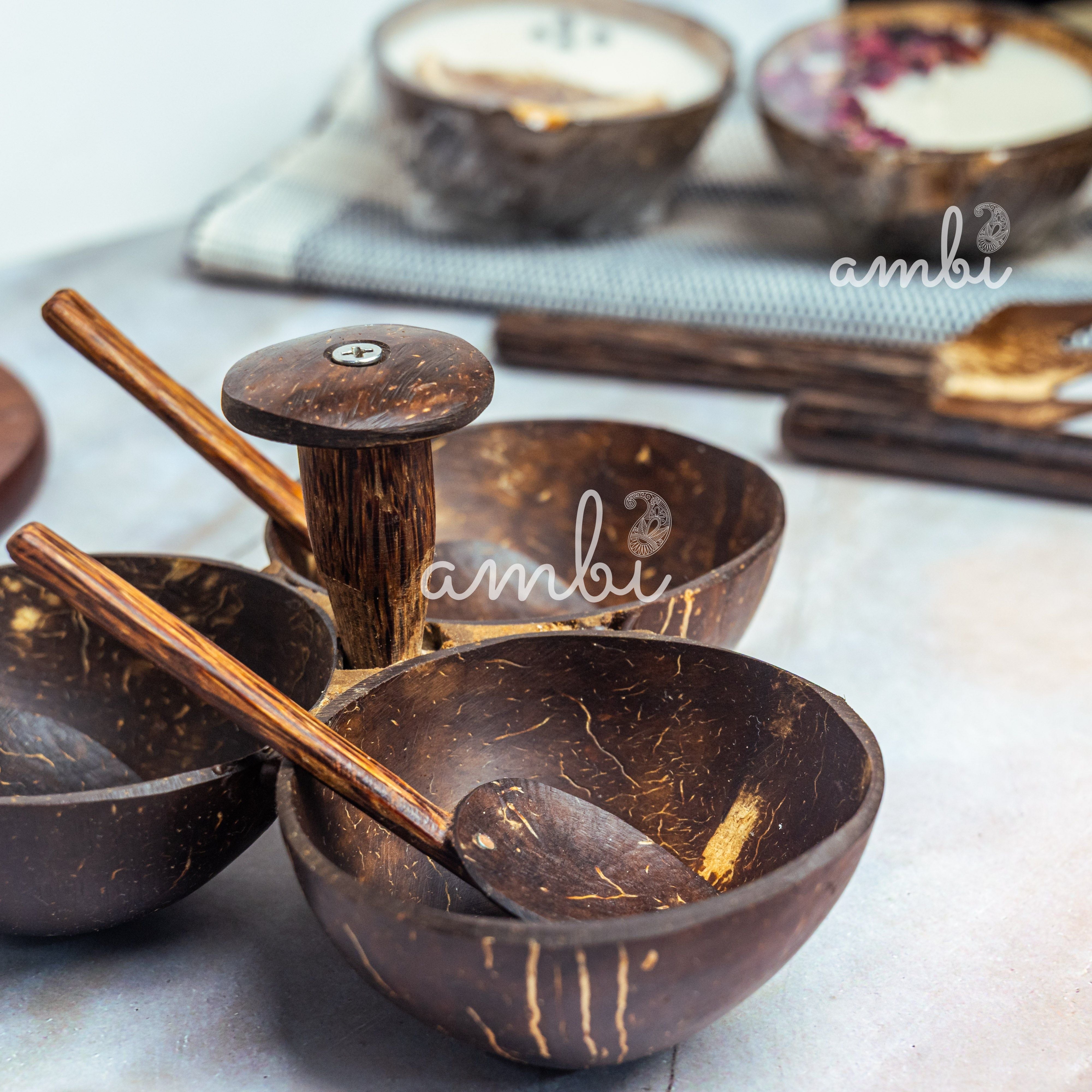 Coconut Shell Three Bowl Serving Set + 3 Spoons