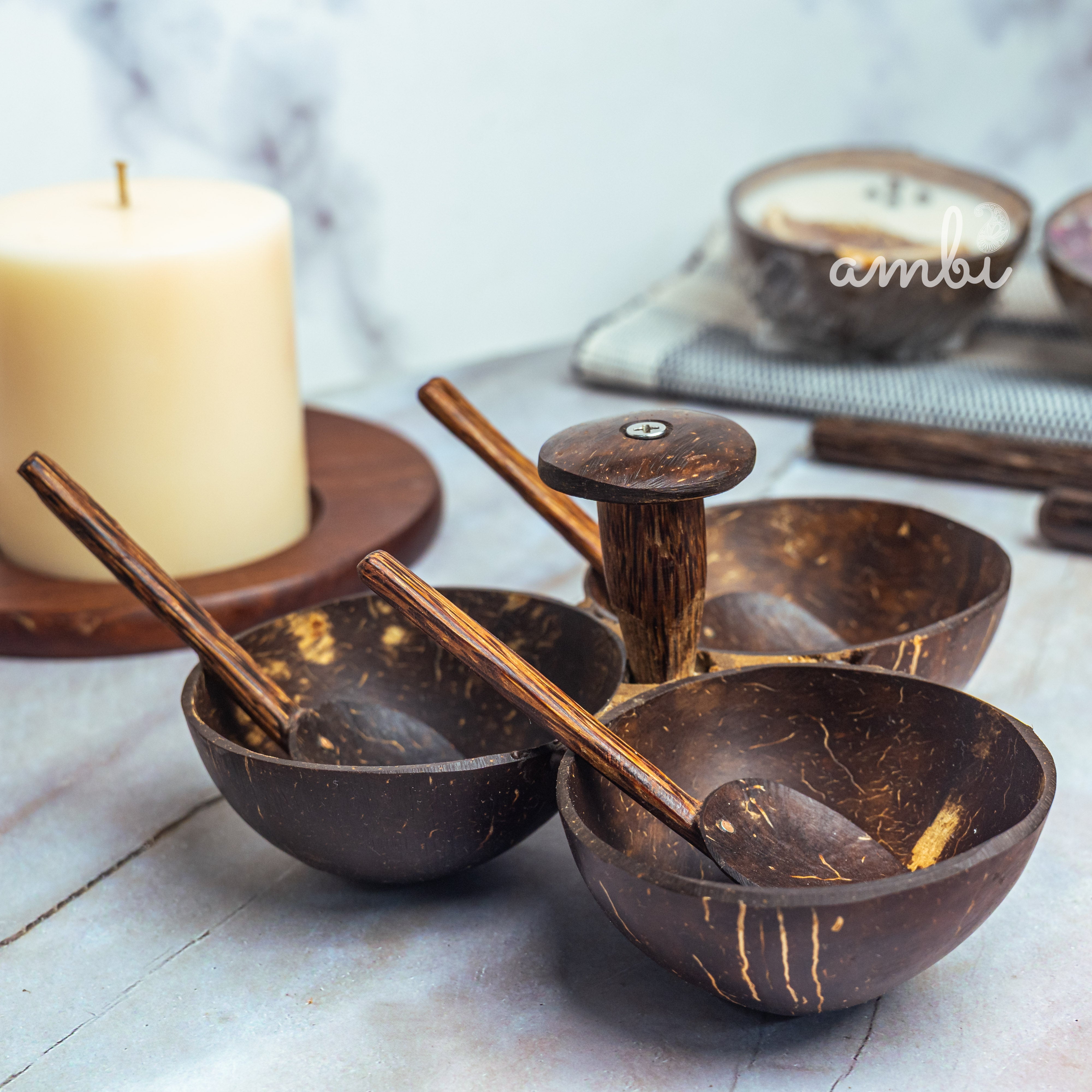 Coconut Shell Serving Set — 3 Bowls + 3 Spoons, Handcrafted & Eco-Friendly