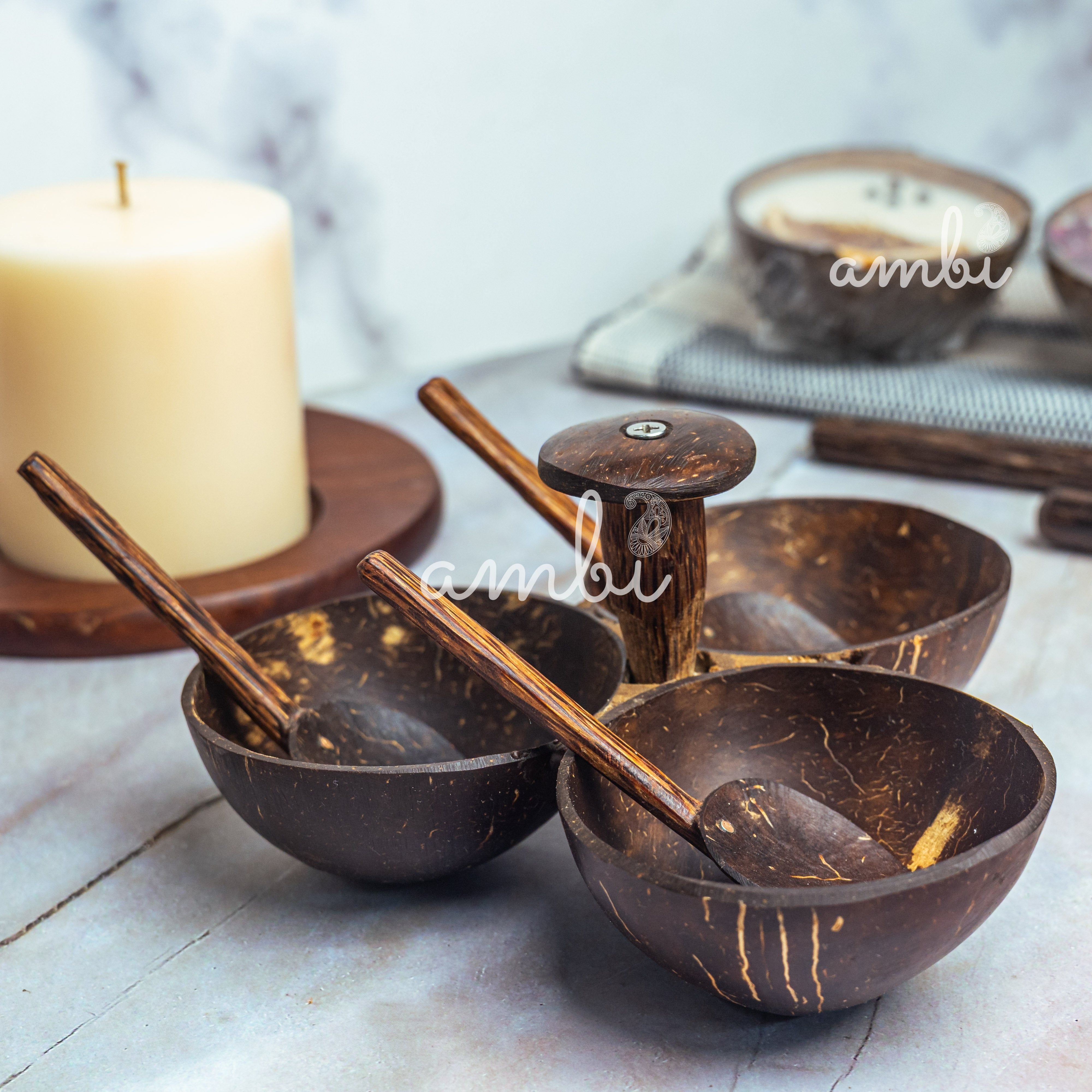 Coconut Shell Three Bowl Serving Set + 3 Spoons