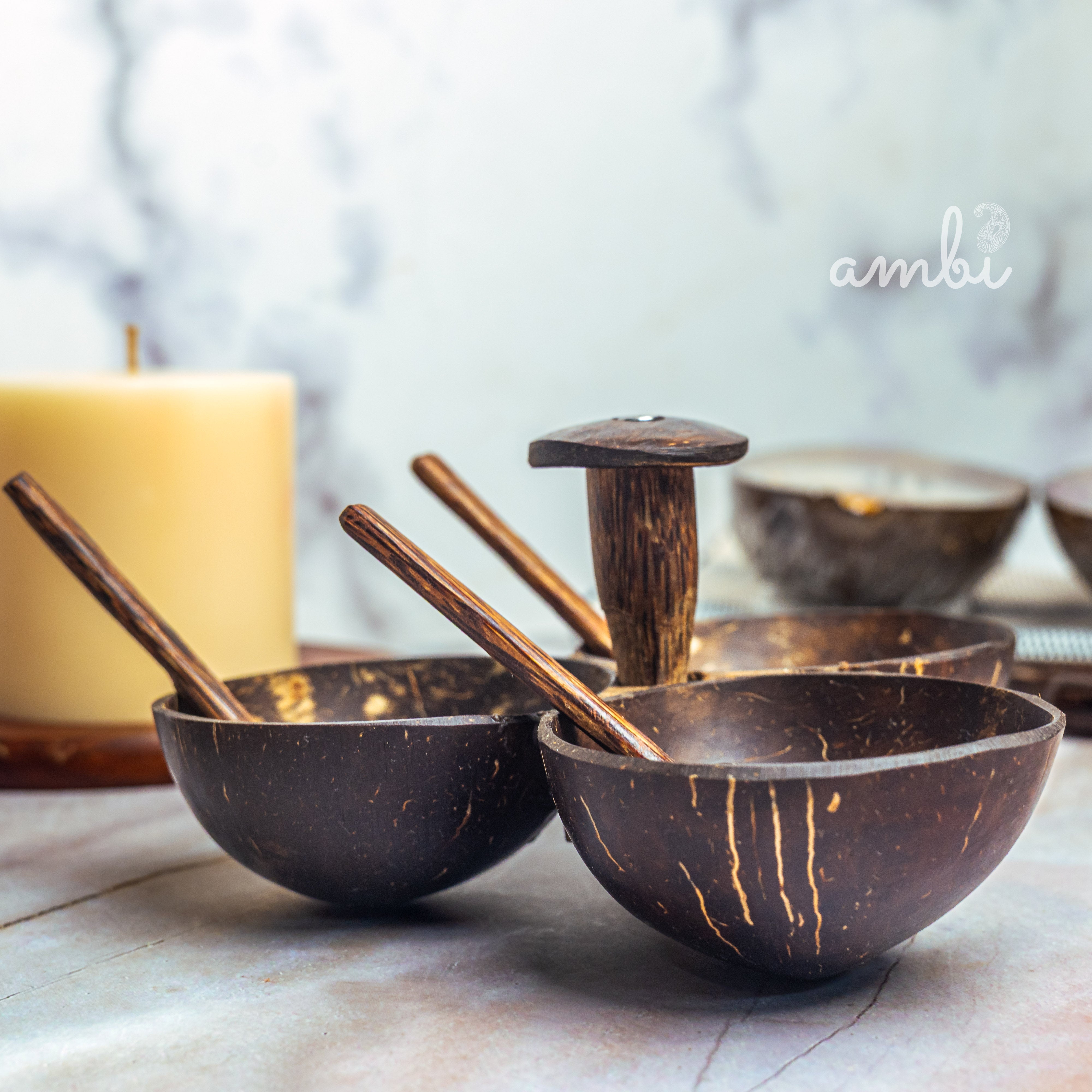 Coconut Shell Serving Set — 3 Bowls + 3 Spoons, Handcrafted & Eco-Friendly