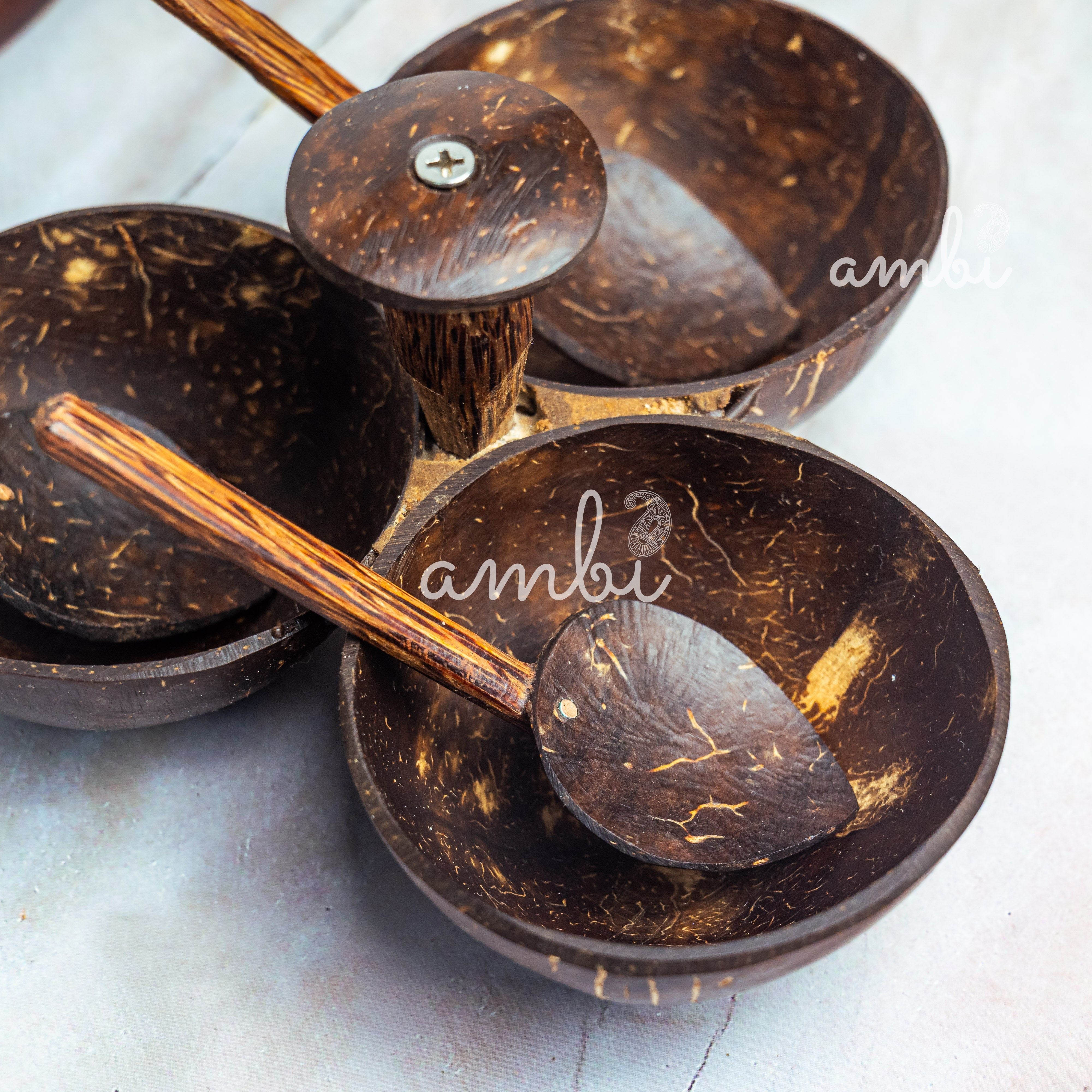 Coconut Shell Three Bowl Serving Set + 3 Spoons