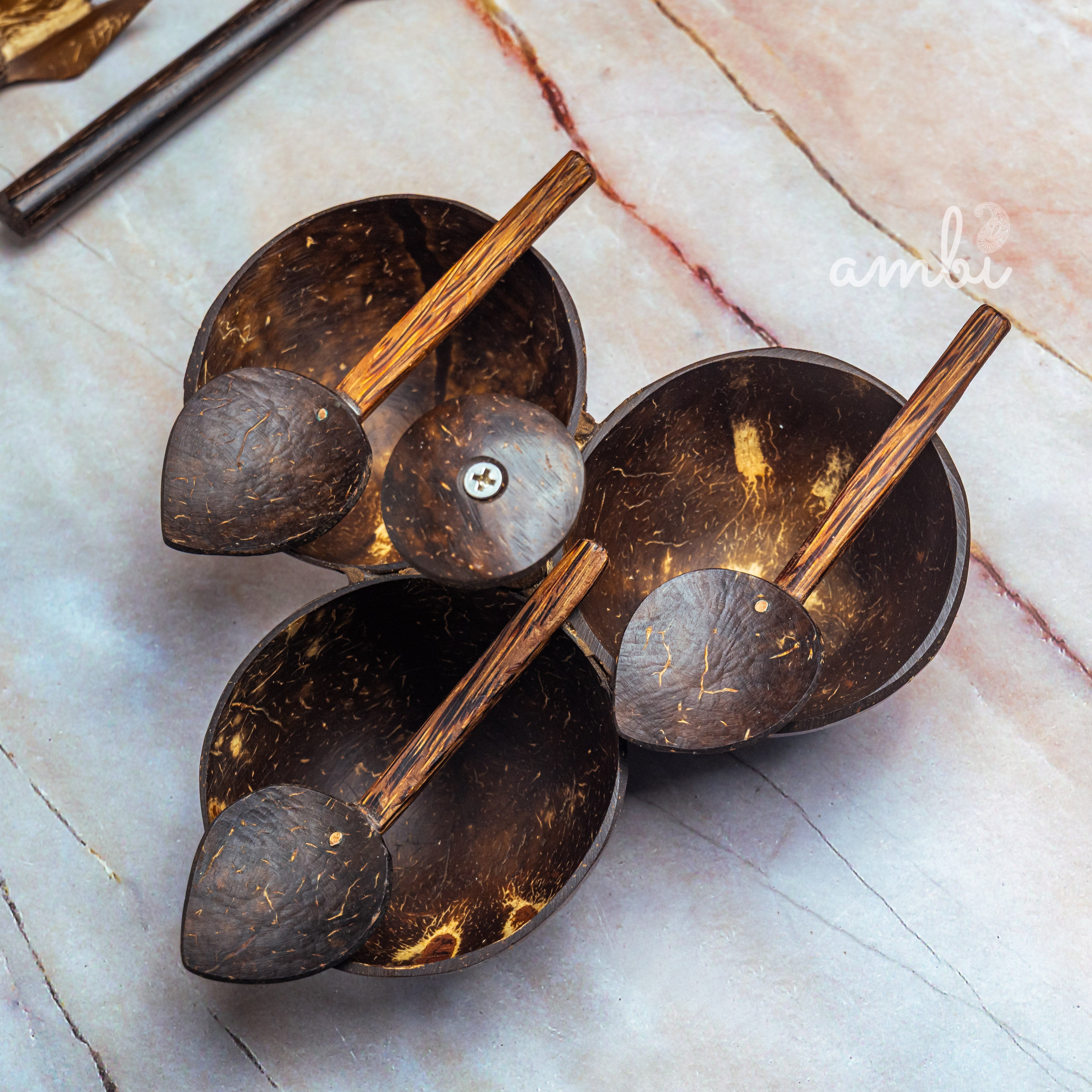 Coconut Shell Serving Set — 3 Bowls + 3 Spoons, Handcrafted & Eco-Friendly