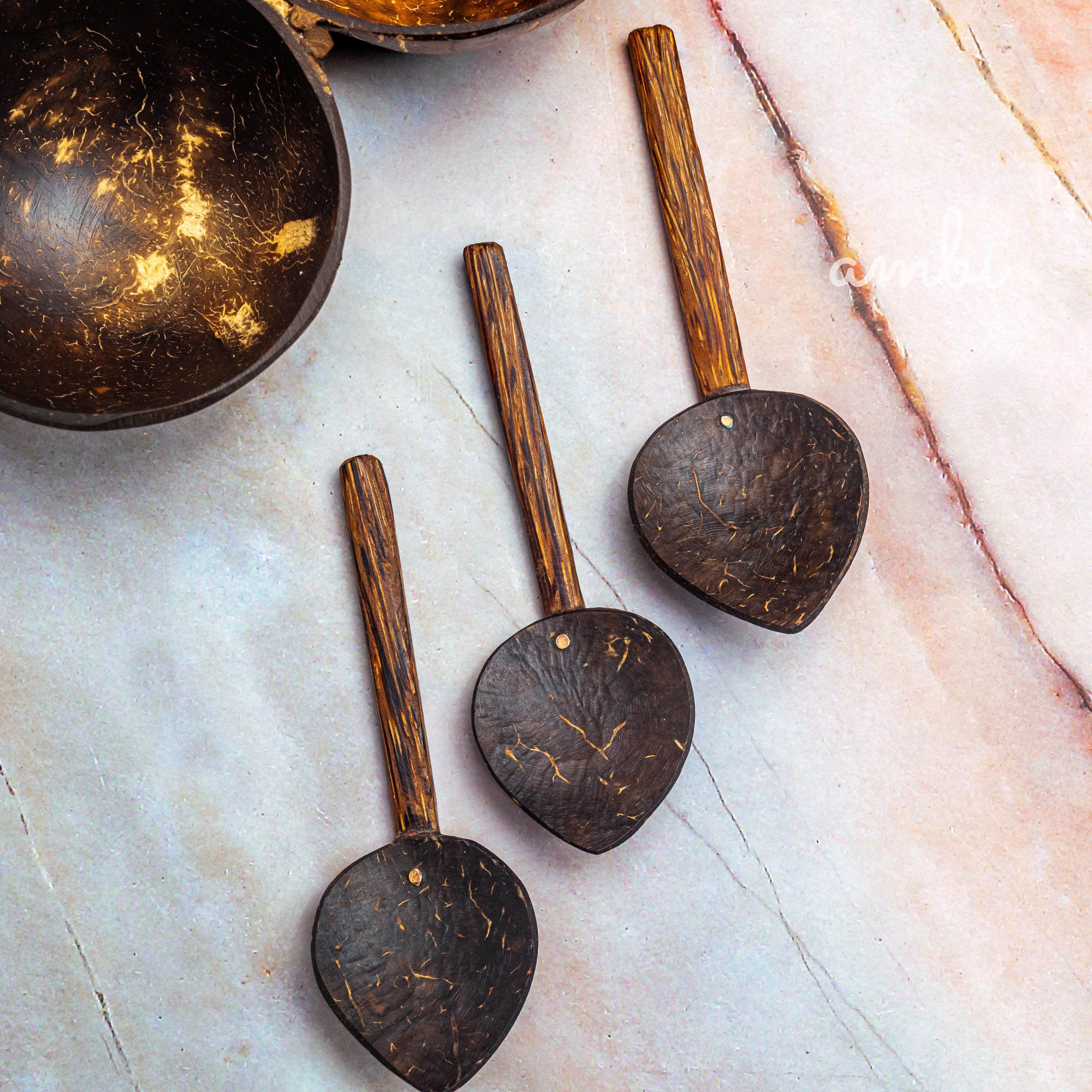 Coconut Shell Serving Set — 3 Bowls + 3 Spoons, Handcrafted & Eco-Friendly